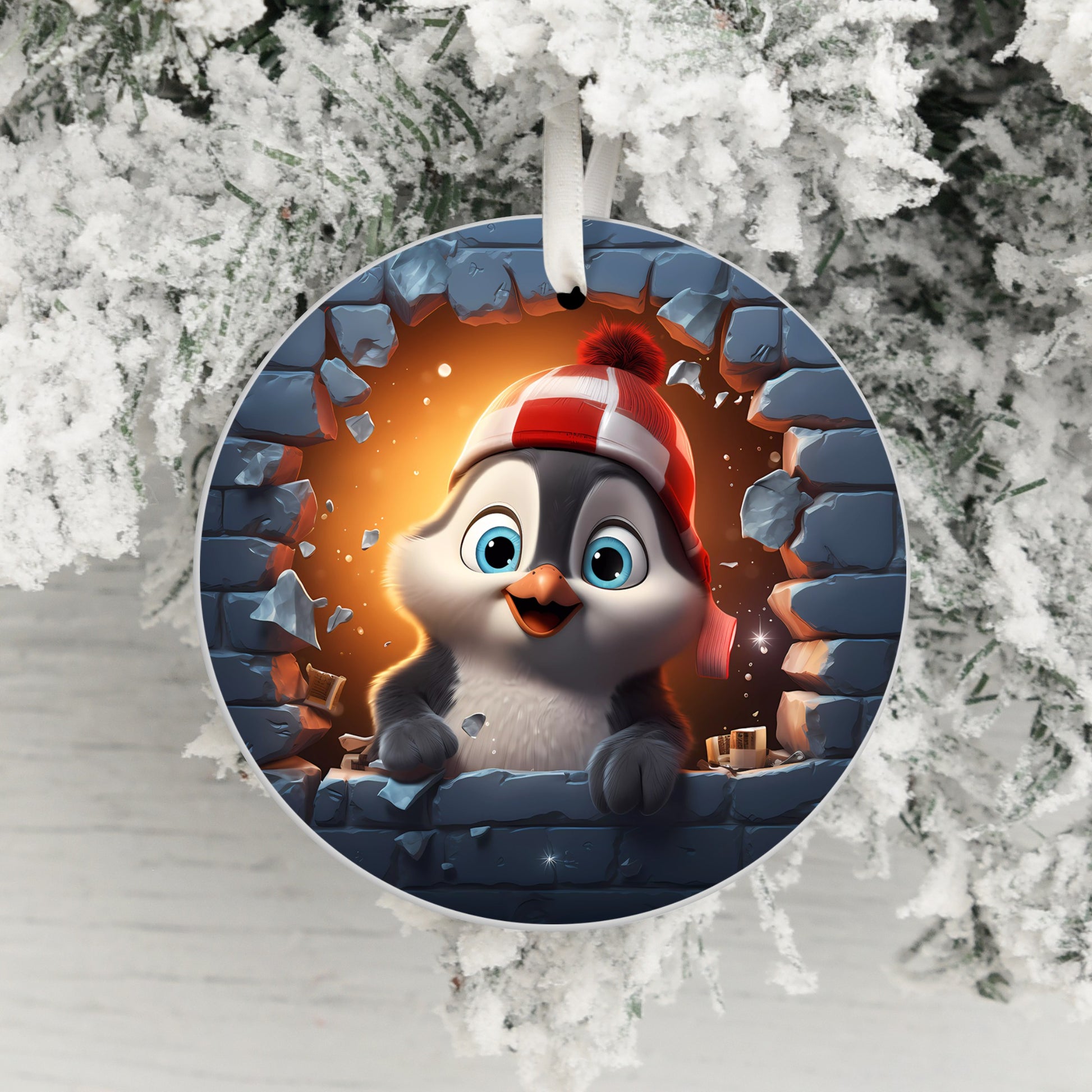 Adorable Penguin Breaking Wall Design Hanging Ornament