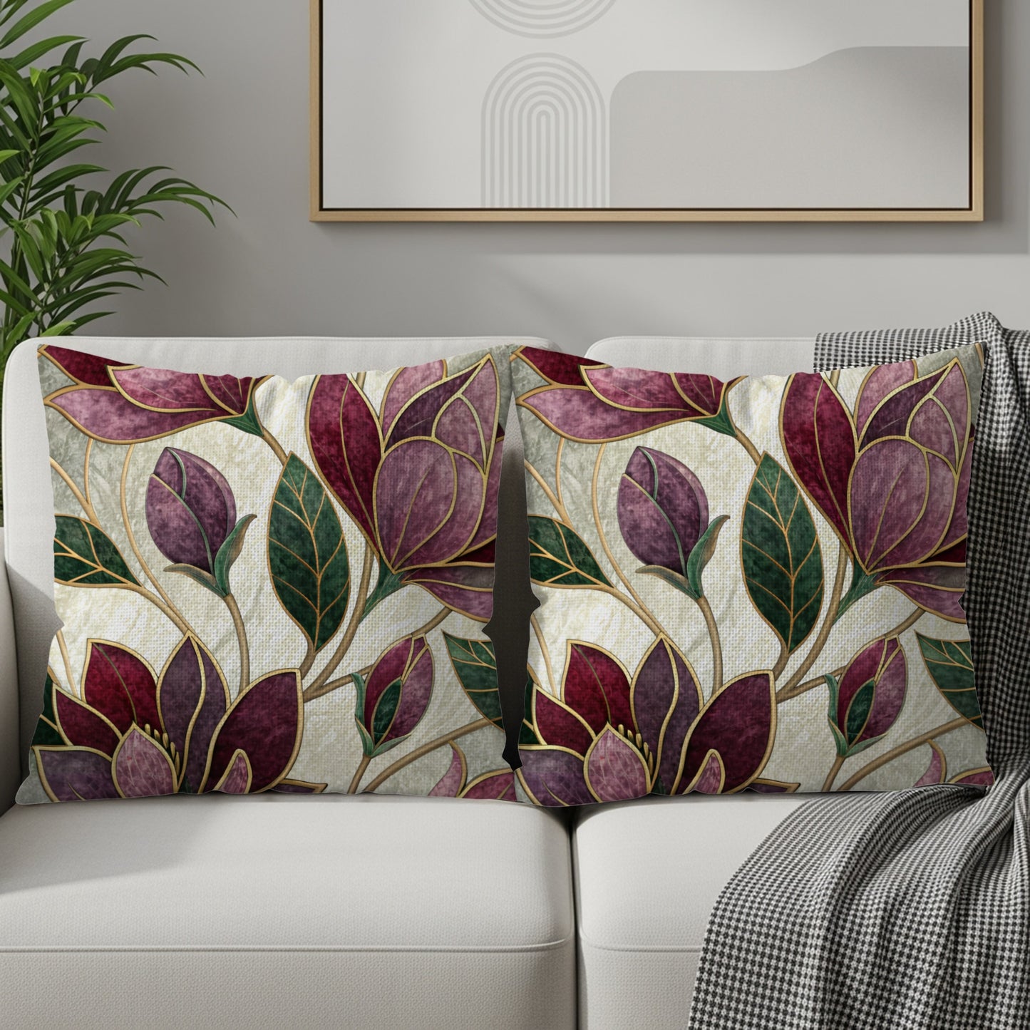 Maroon Flowers Golden Outlines on White Pattern Throw Pillows - Walk Greener