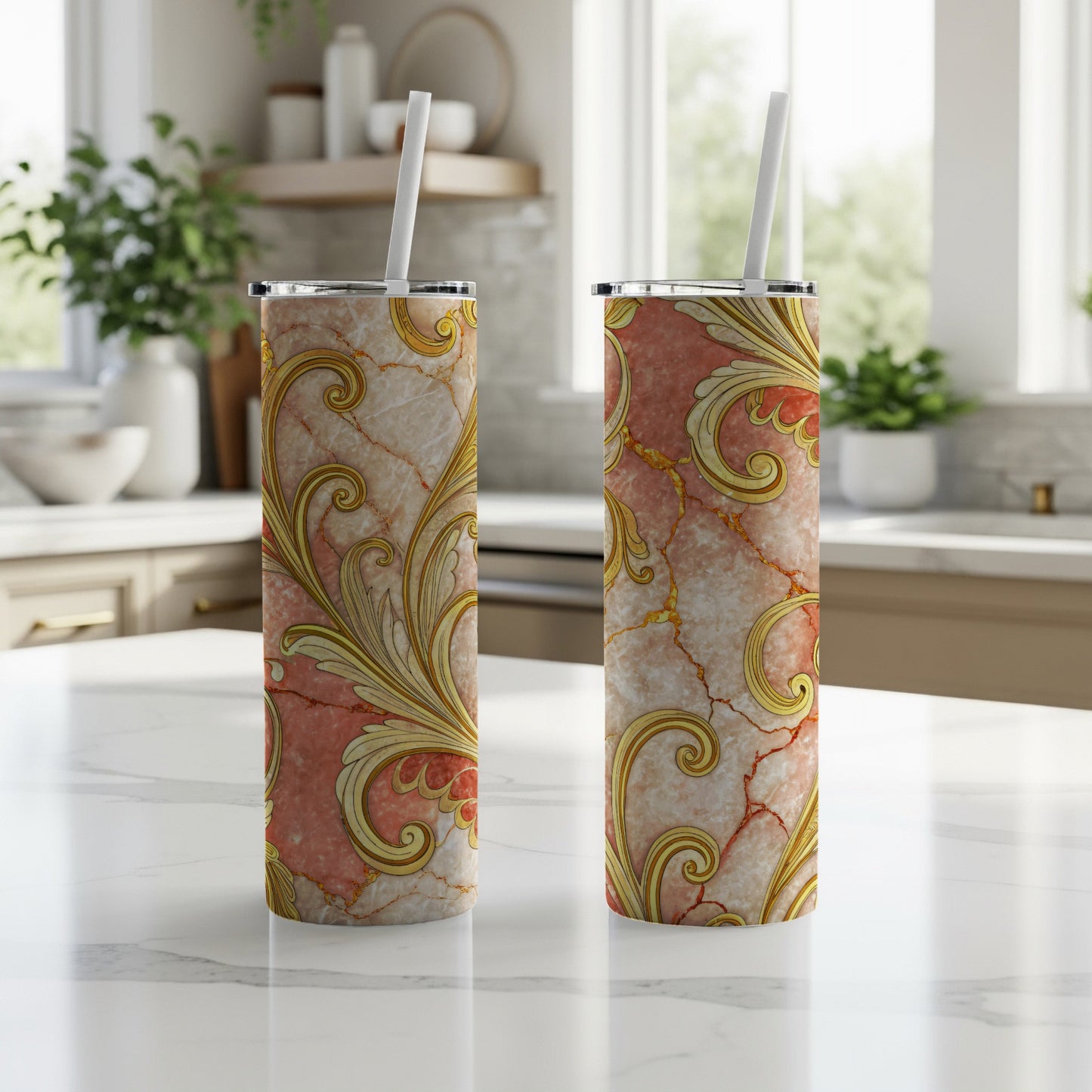 Elegant Gold and Peach Swirl Insulated Tumbler