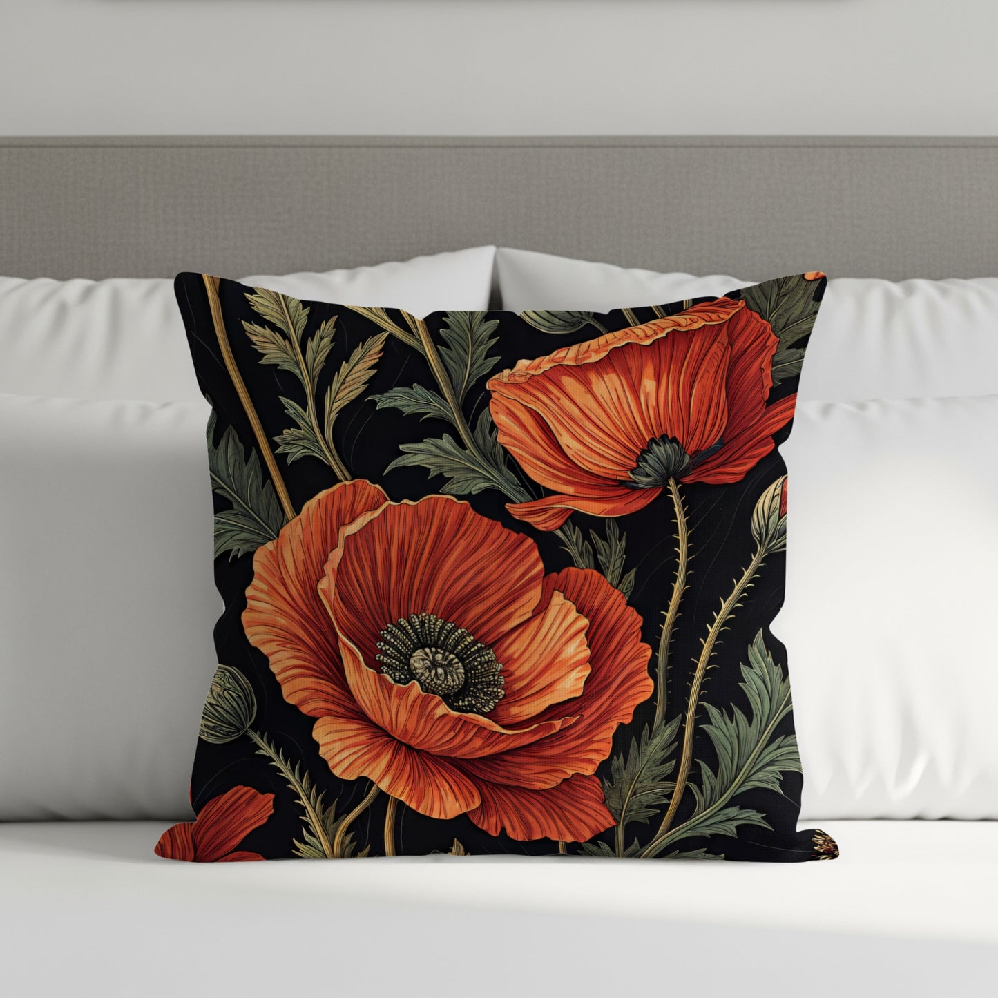 Floral Pattern with Red Poppies on Black Decorative Floral Throw Pillows - Walk Greener