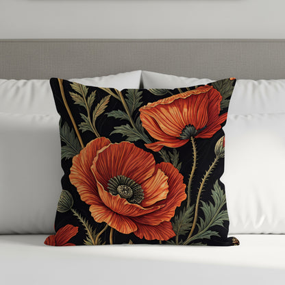 Floral Pattern with Red Poppies on Black Decorative Floral Throw Pillows - Walk Greener