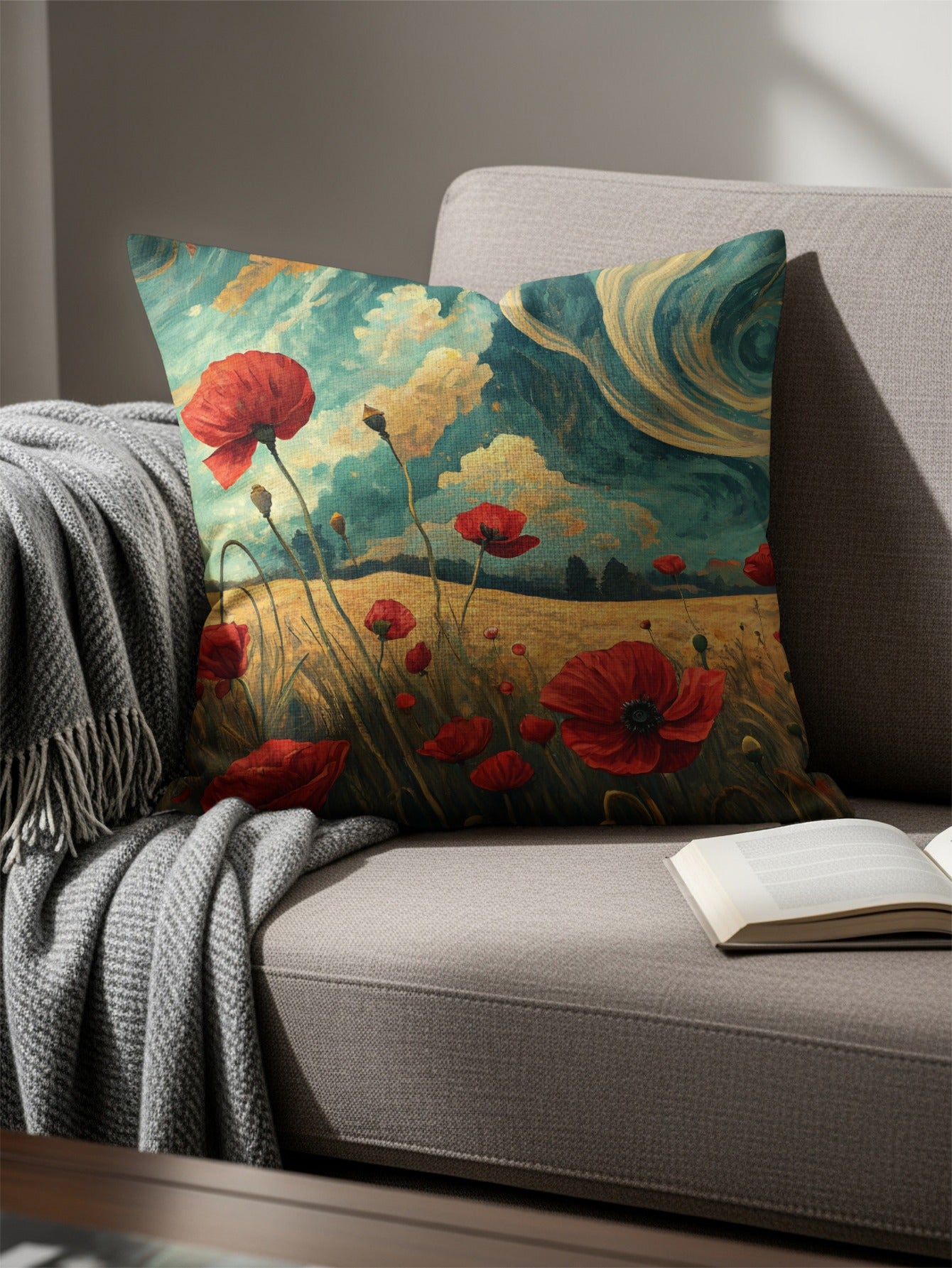 Artistic Floral Landscape with Poppies Pillow