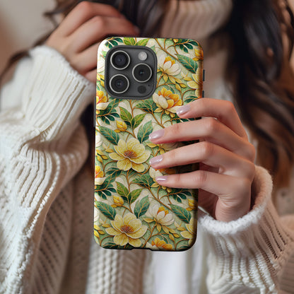 Yellow Floral Phone Case with Green Leaves Design
