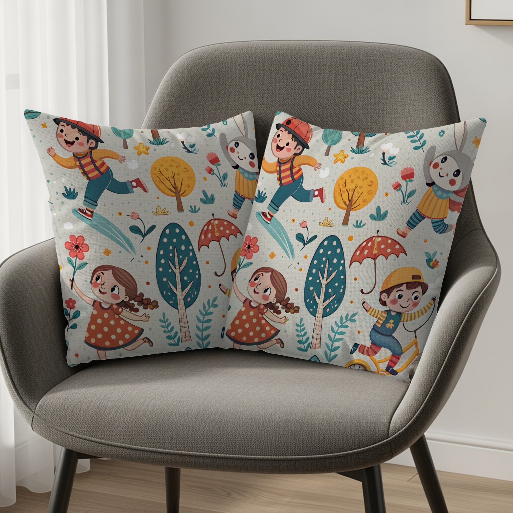Cartoon Children in Forest with Animals Illustration Throw Pillows - Walk Greener