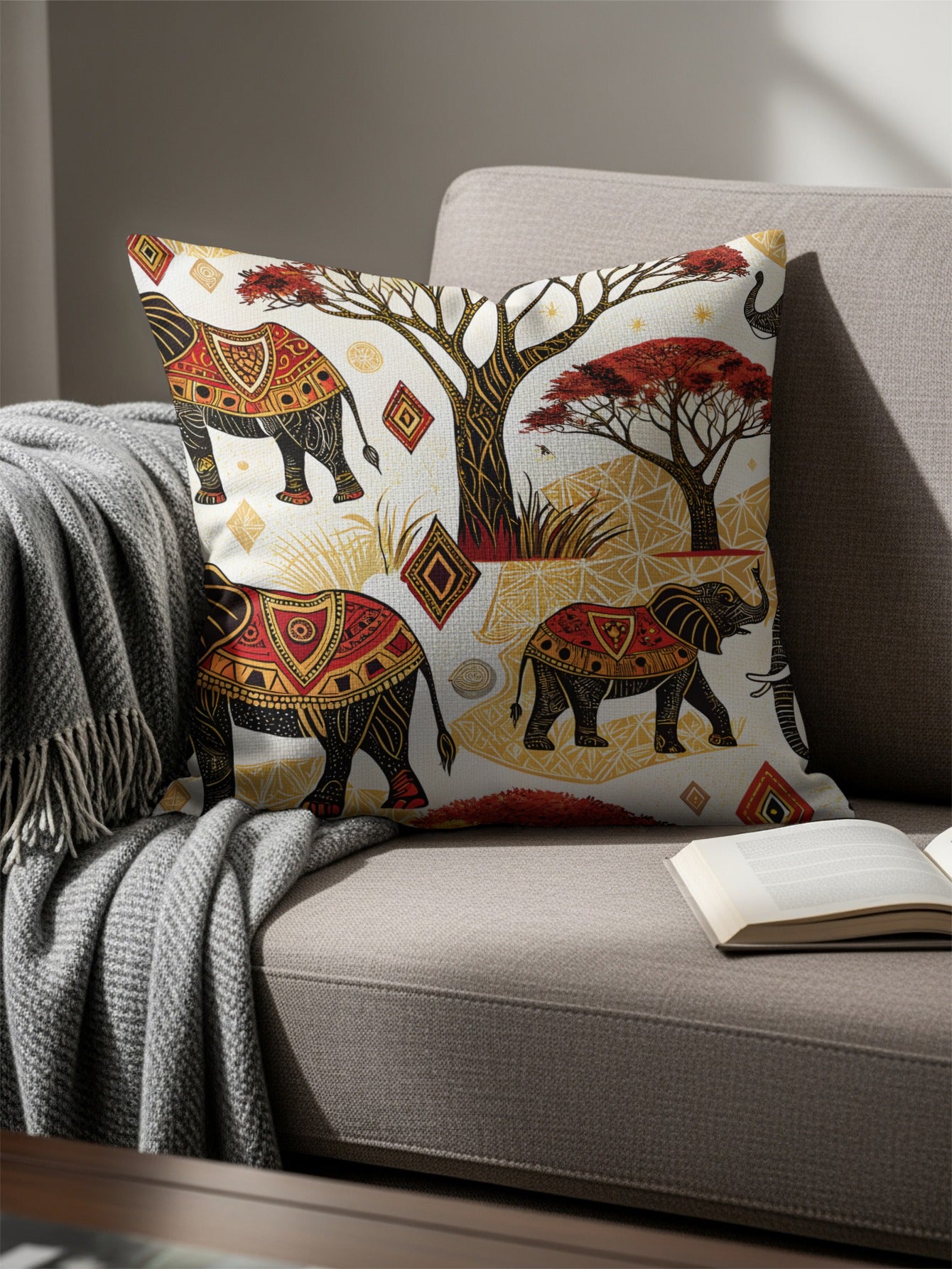 Elephant and Tree Print Decorative Pillow for Home Decor
