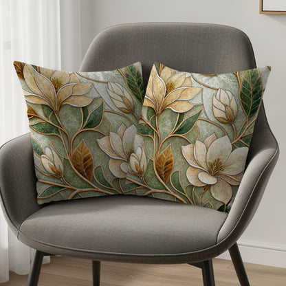 Ivory Petals Green Leaves Artistic Floral Design Throw Pillows - Walk Greener
