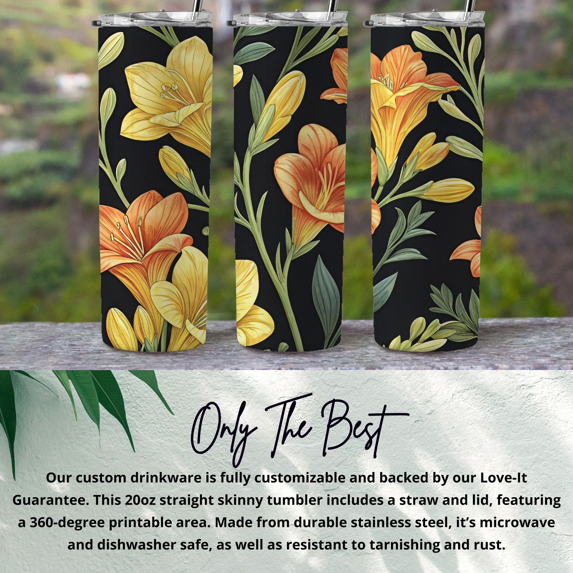 Floral Black and Yellow Skinny Tumbler with Straw