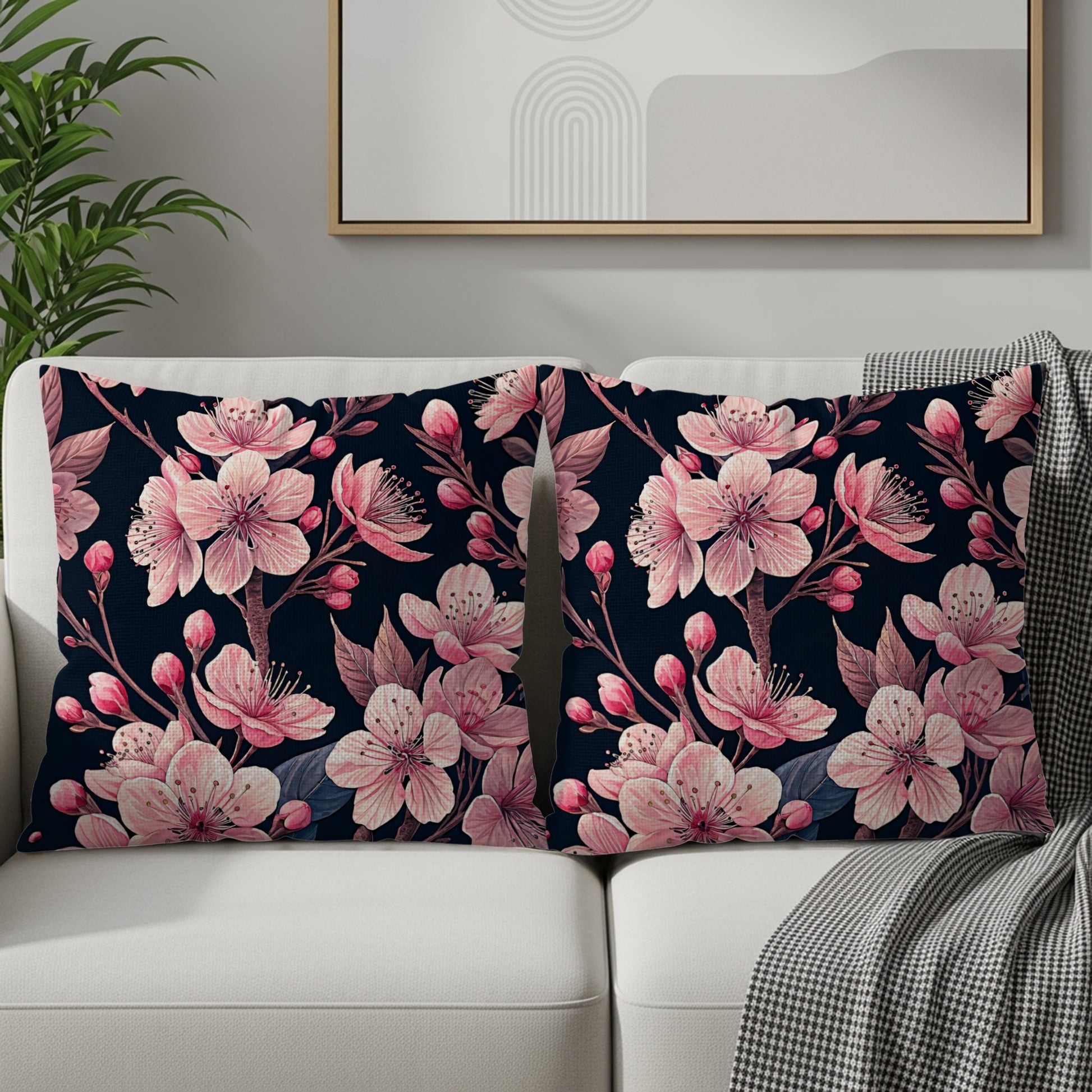 Delicate Pink Blossoms on Dark Branching Decorative Floral Throw Pillows - Walk Greener