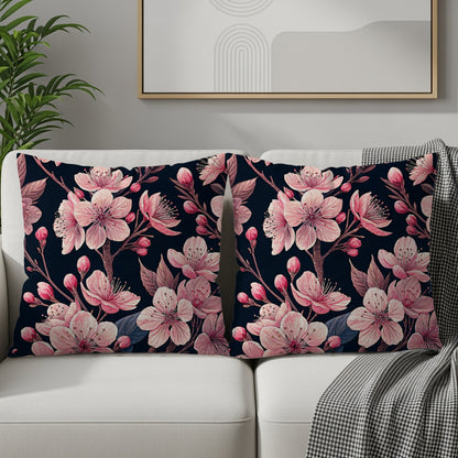 Delicate Pink Blossoms on Dark Branching Decorative Floral Throw Pillows - Walk Greener