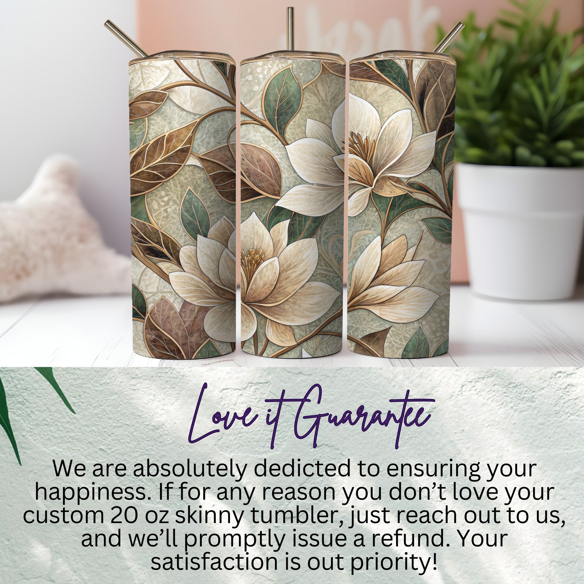 Elegant Blooms and Leaves Artistic Design 20 oz Skinny Tumbler - Walk Greener