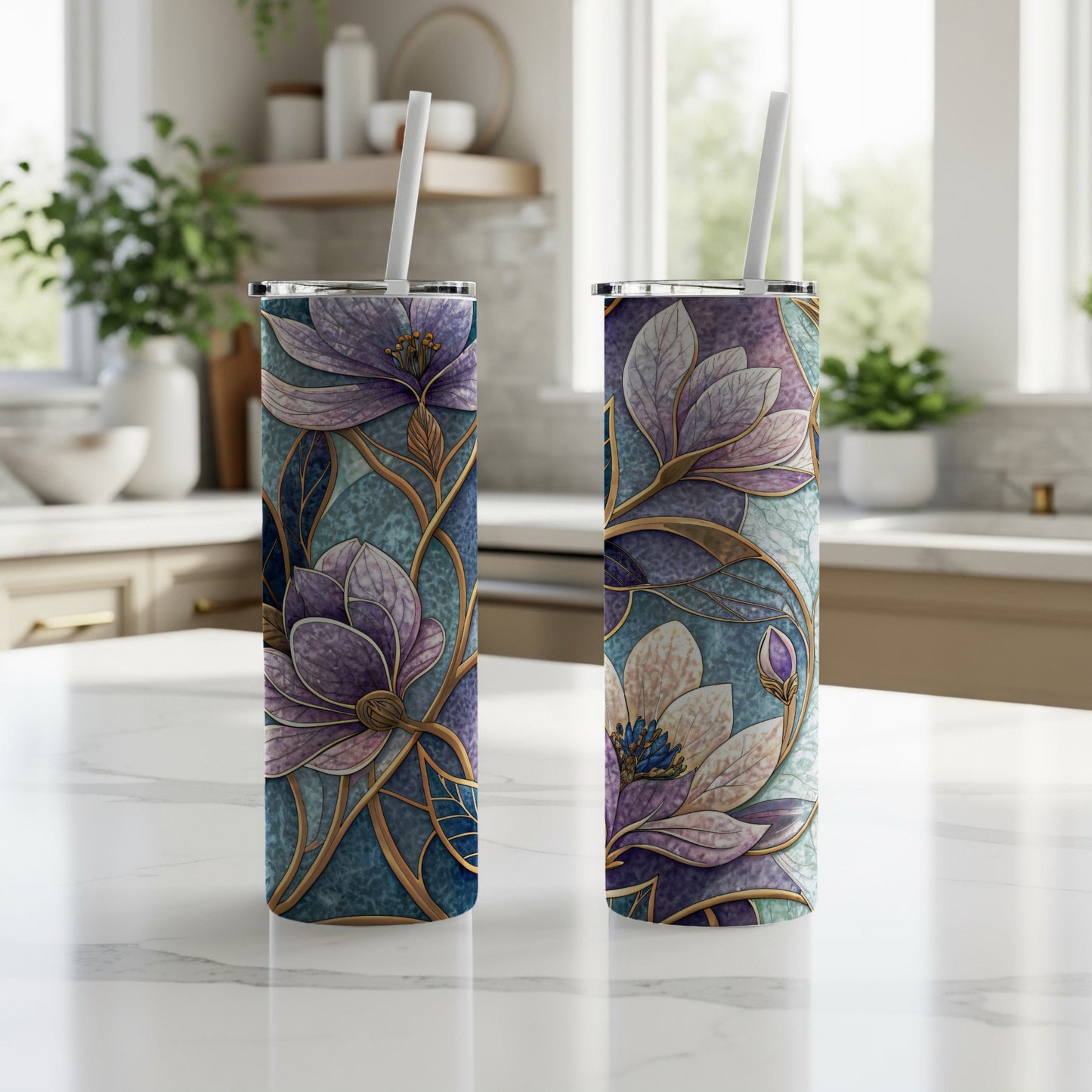 Elegant Magnolia Floral Design Gold Vein on Tumbler - Walk Greener