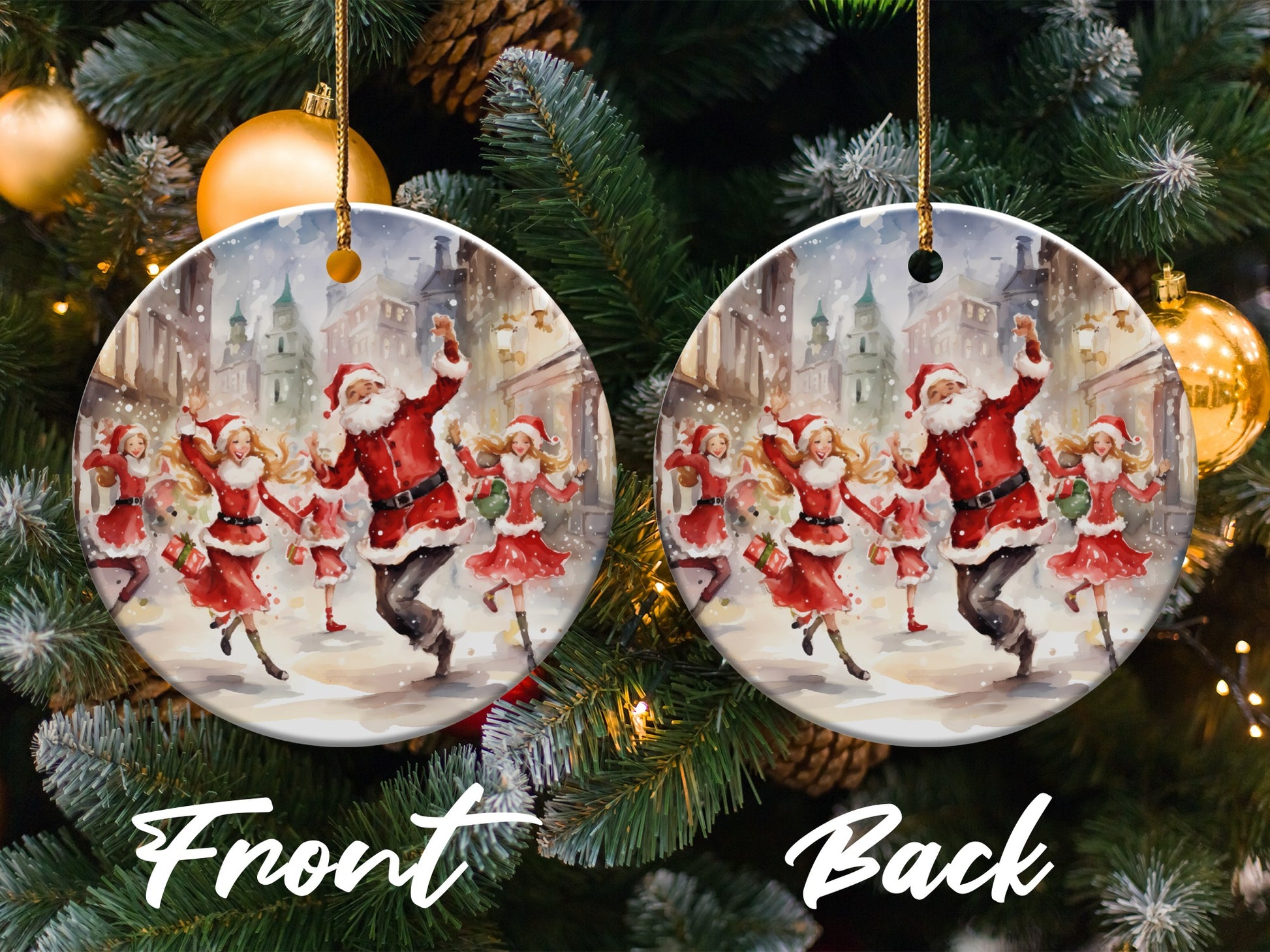 Santa and Elves Dancing Christmas Ornament product