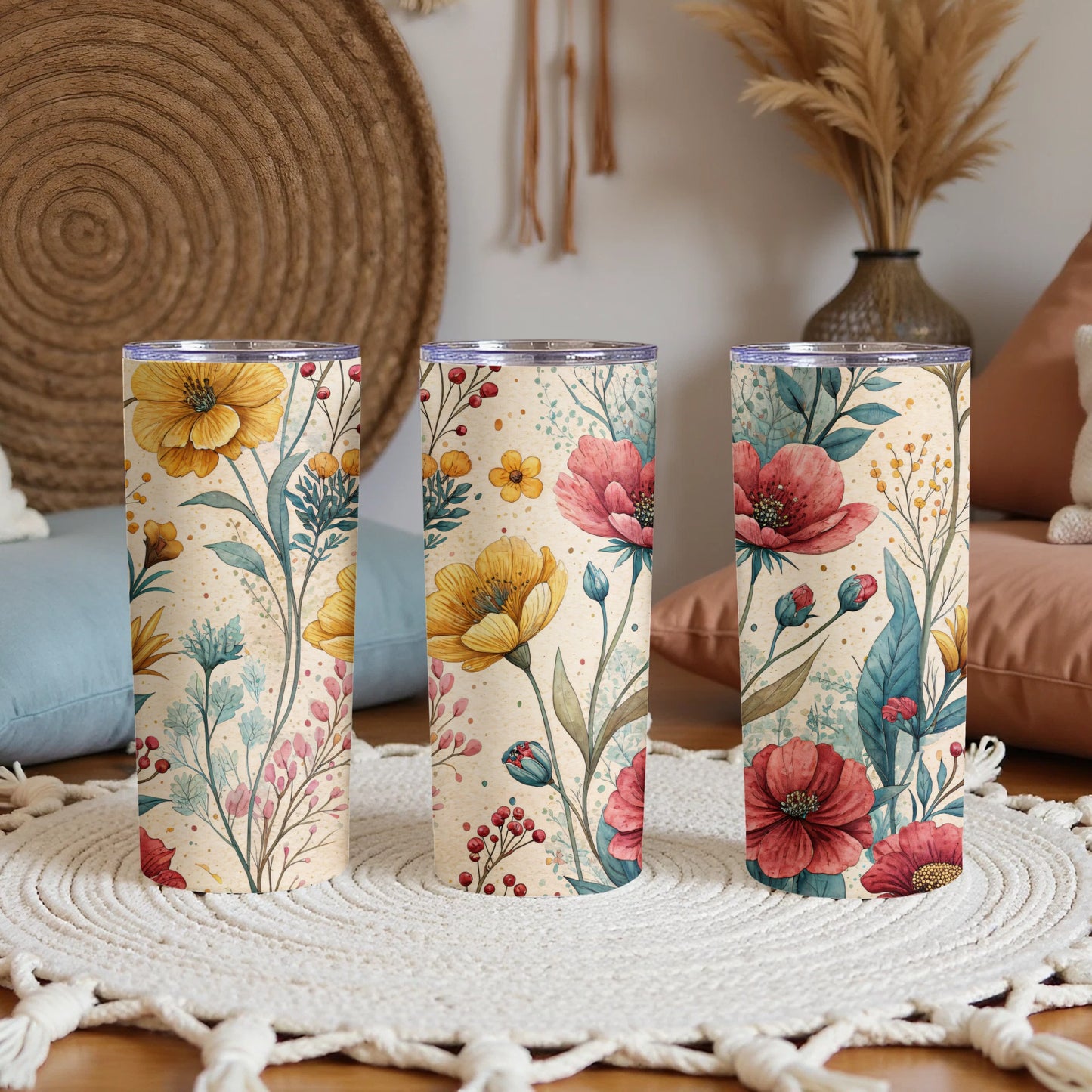 Watercolor Floral Pattern Lovely Blossoms 20 oz Skinny Tumbler - Walk Greener