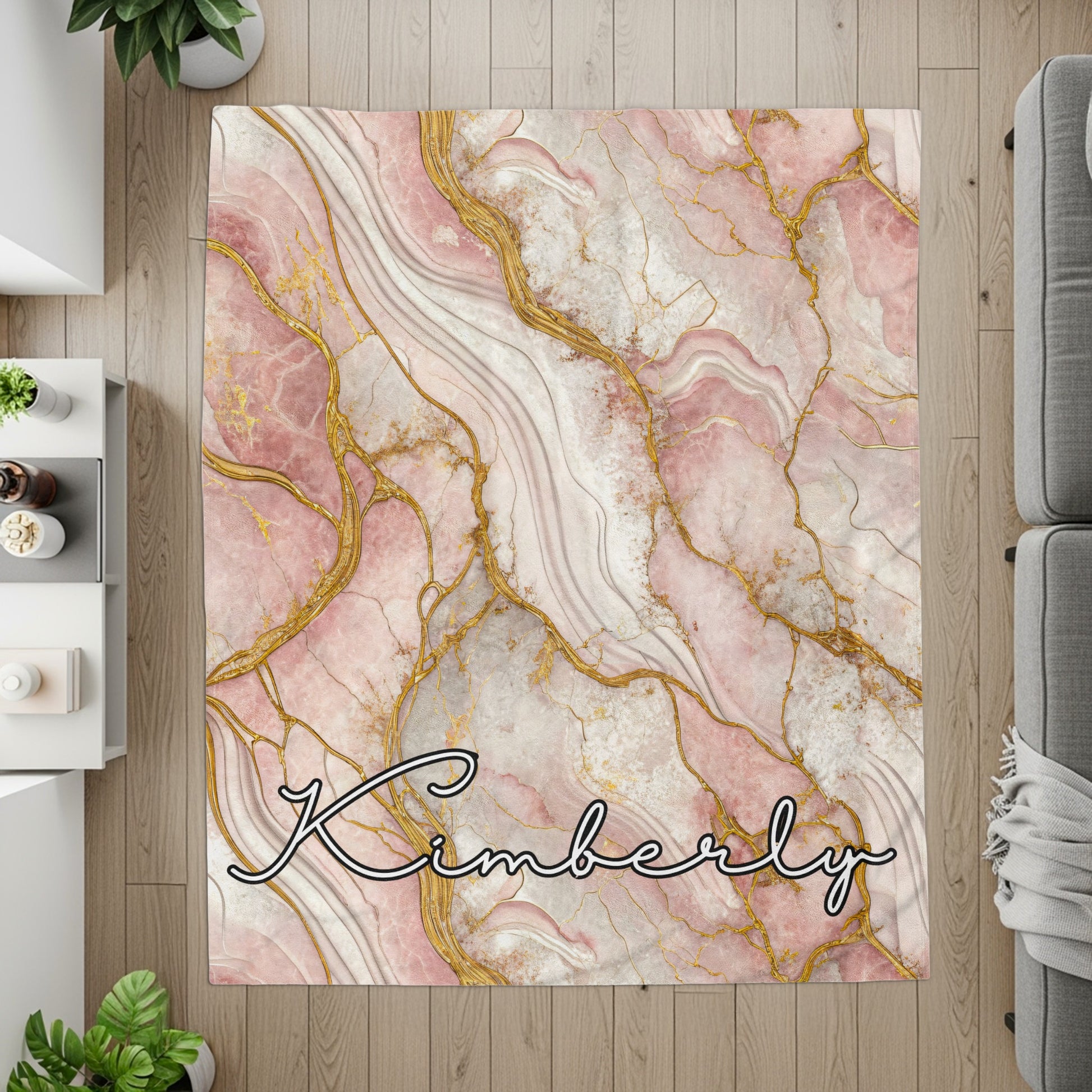 Pink Gold Marble Effect Custom Name Blanket Personalized - Walk Greener