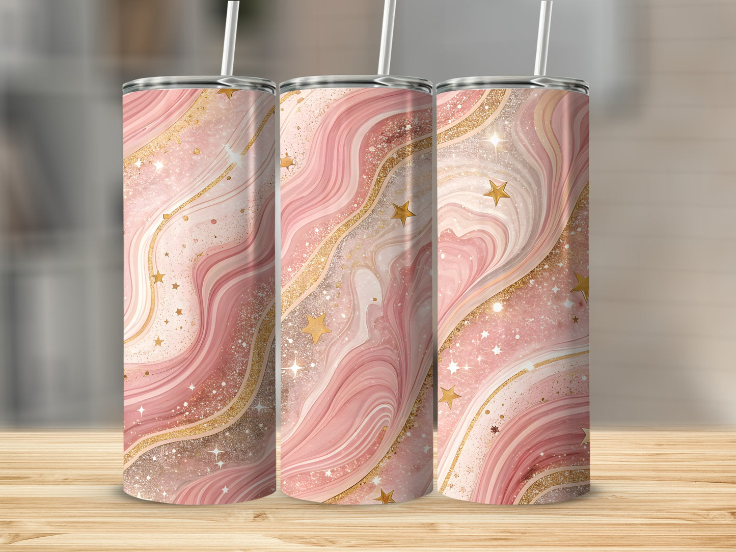 Pink Marble Galaxy Glitter Stars Tumbler Product
