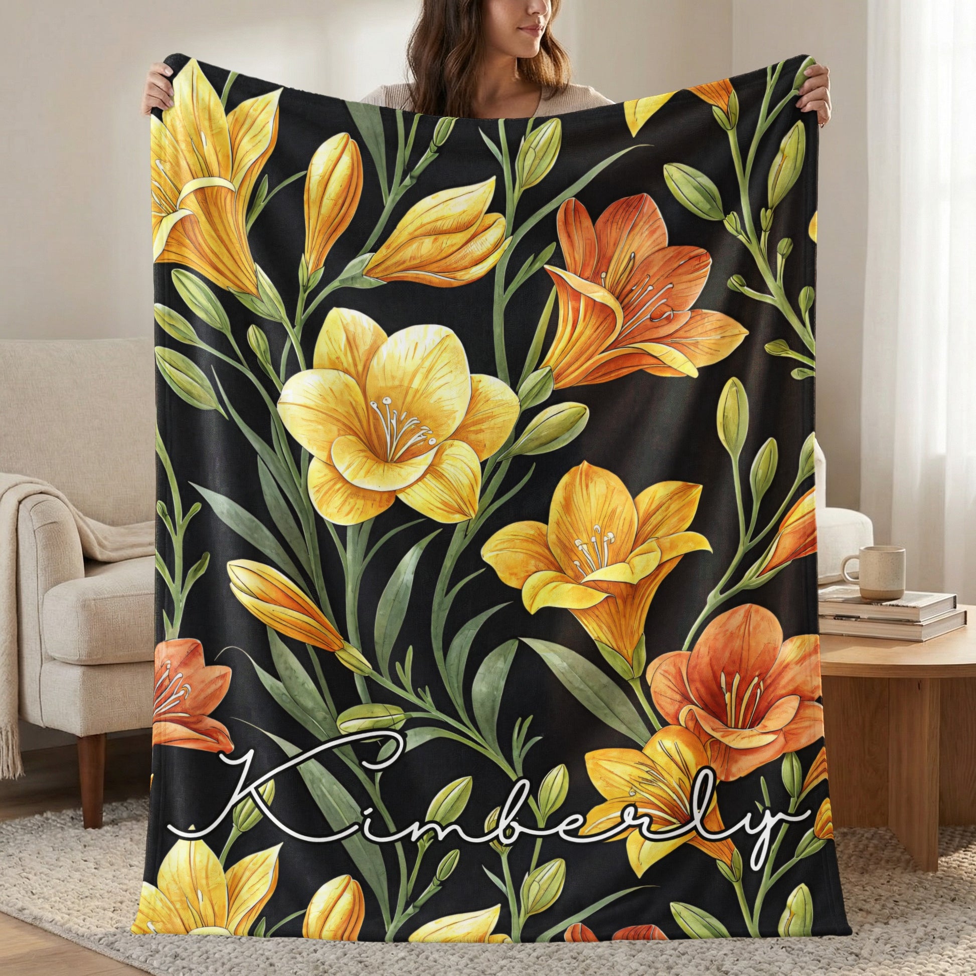 Personalized Floral Blanket with Yellow and Orange Flowers
