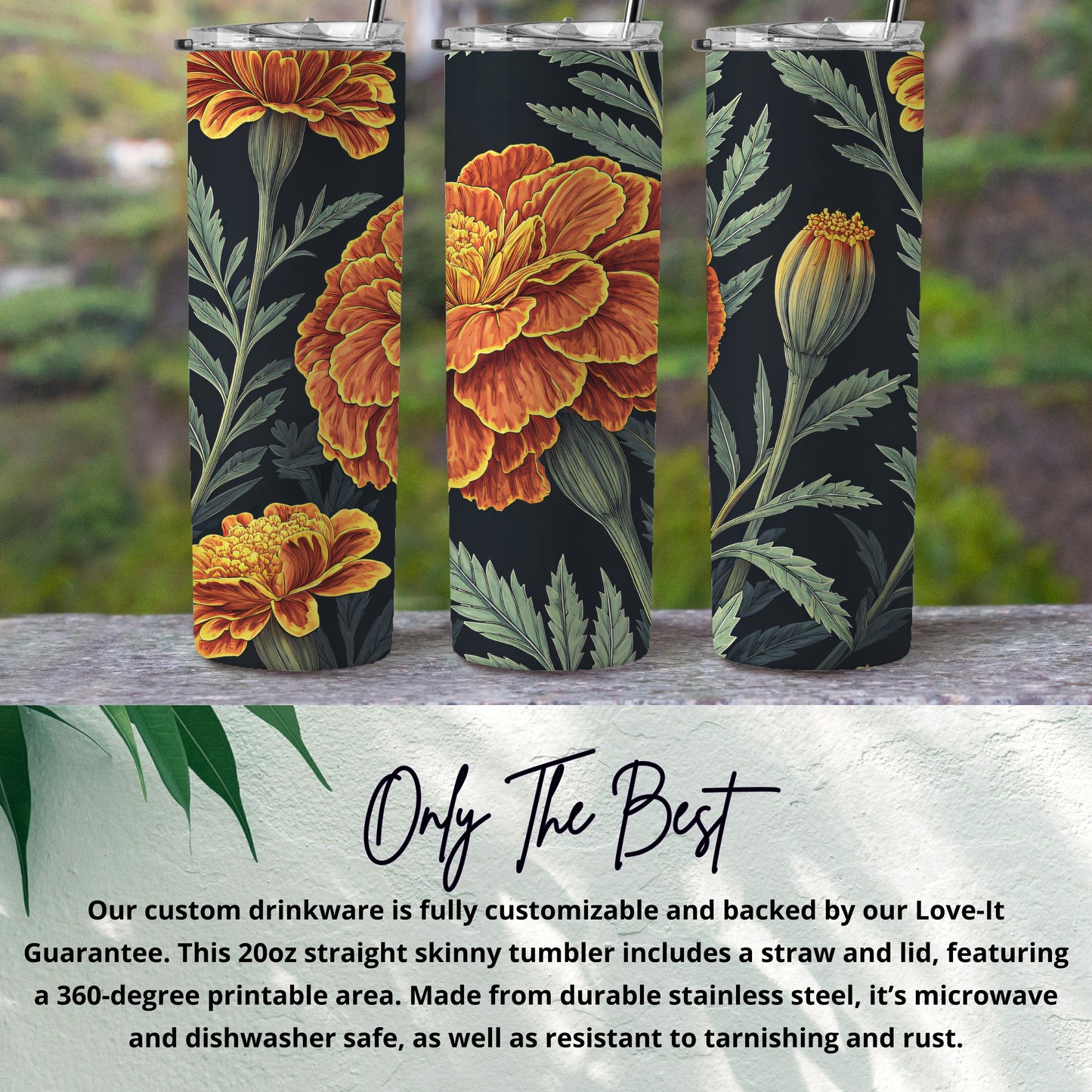 Floral Marigold Art Stainless Steel Skinny Tumbler