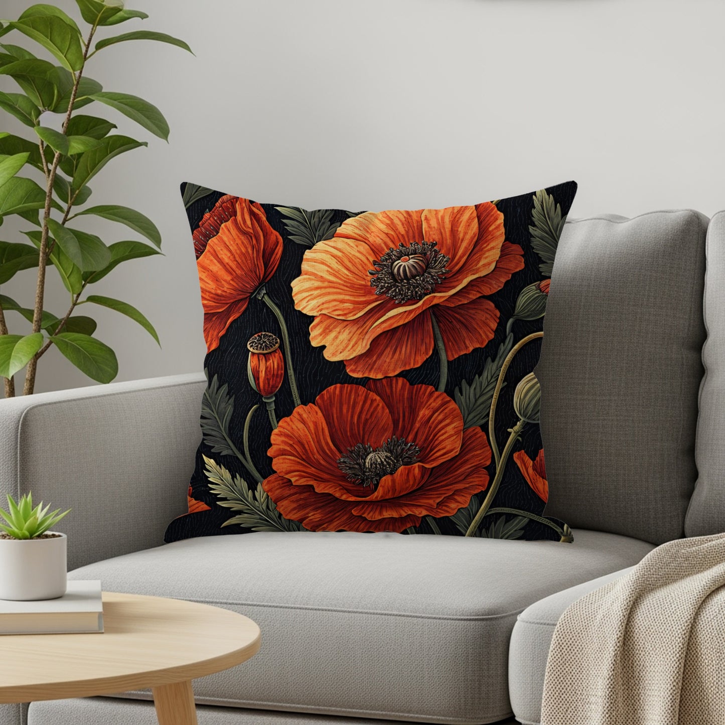 Bold Floral Throw Pillow Cushion with Vibrant Orange Flowers