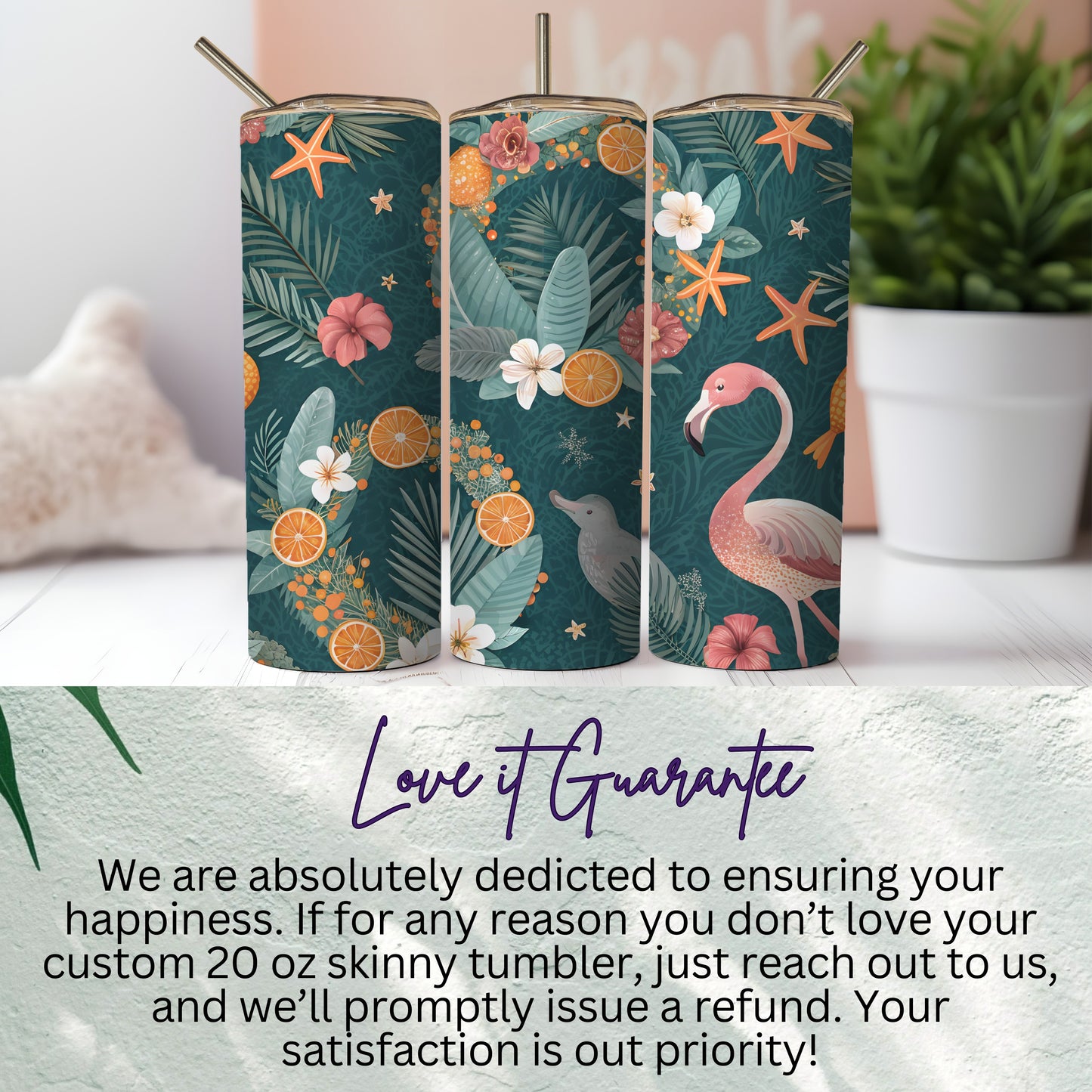 Tropical Themed 20 oz Skinny Tumbler with Straw