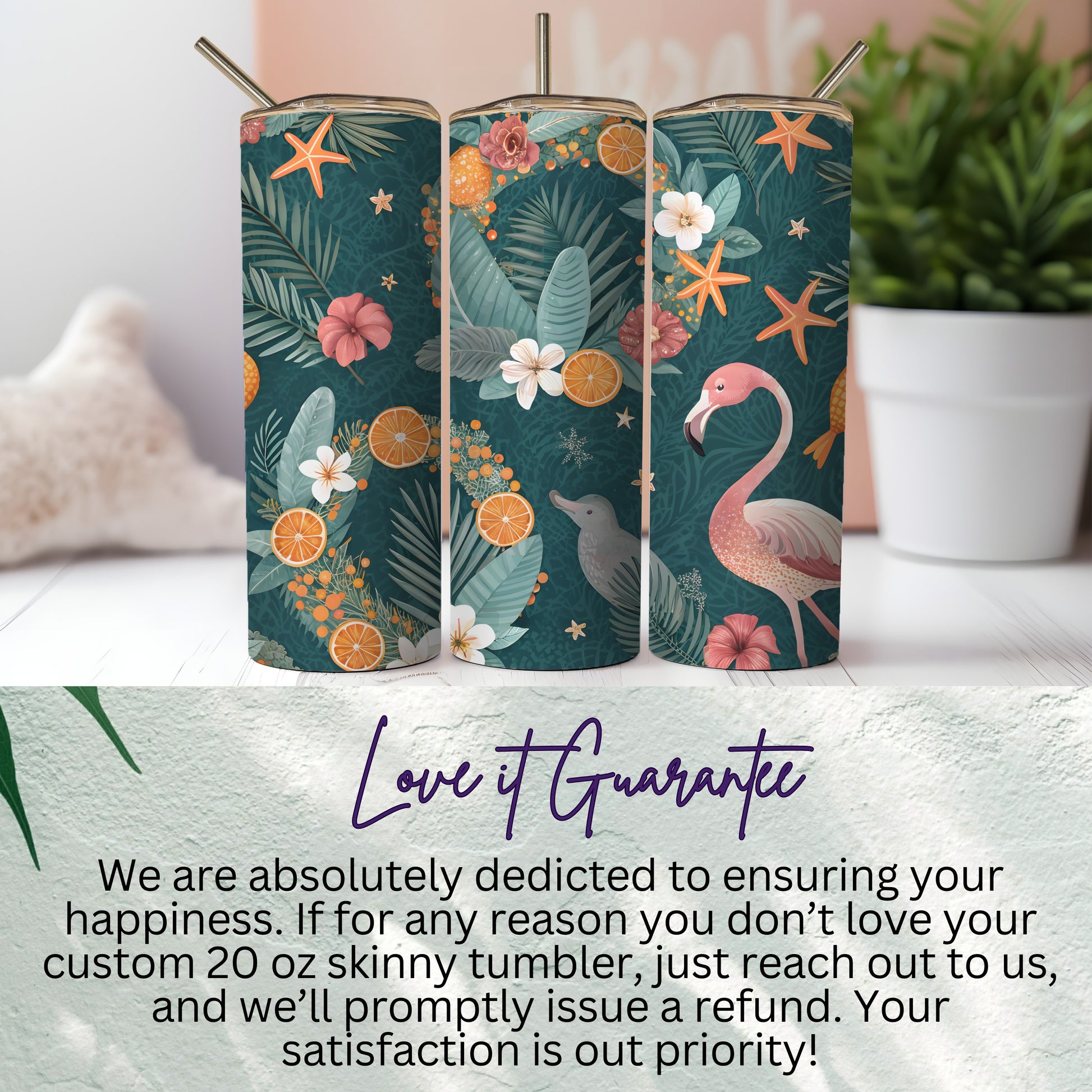 Tropical Themed 20 oz Skinny Tumbler with Straw