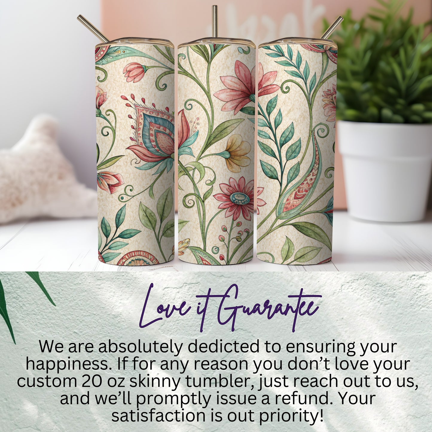 Elegant Floral Pattern Watercolor Look for 20 oz Skinny Tumbler - Walk Greener