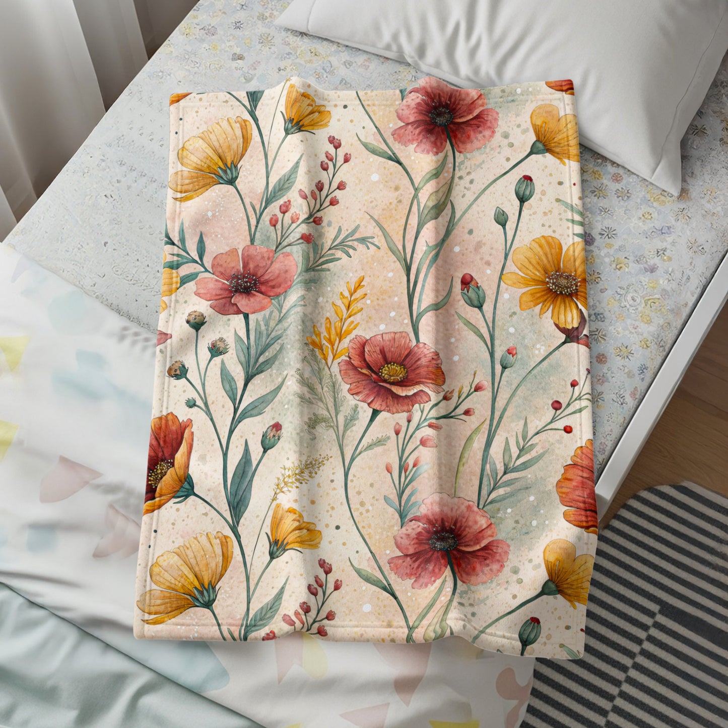 Watercolor Floral Pattern Design Red And Yellow Flowers Velveteen Plush Blankets - Walk Greener
