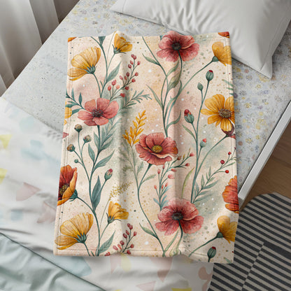 Watercolor Floral Pattern Design Red And Yellow Flowers Velveteen Plush Blankets - Walk Greener