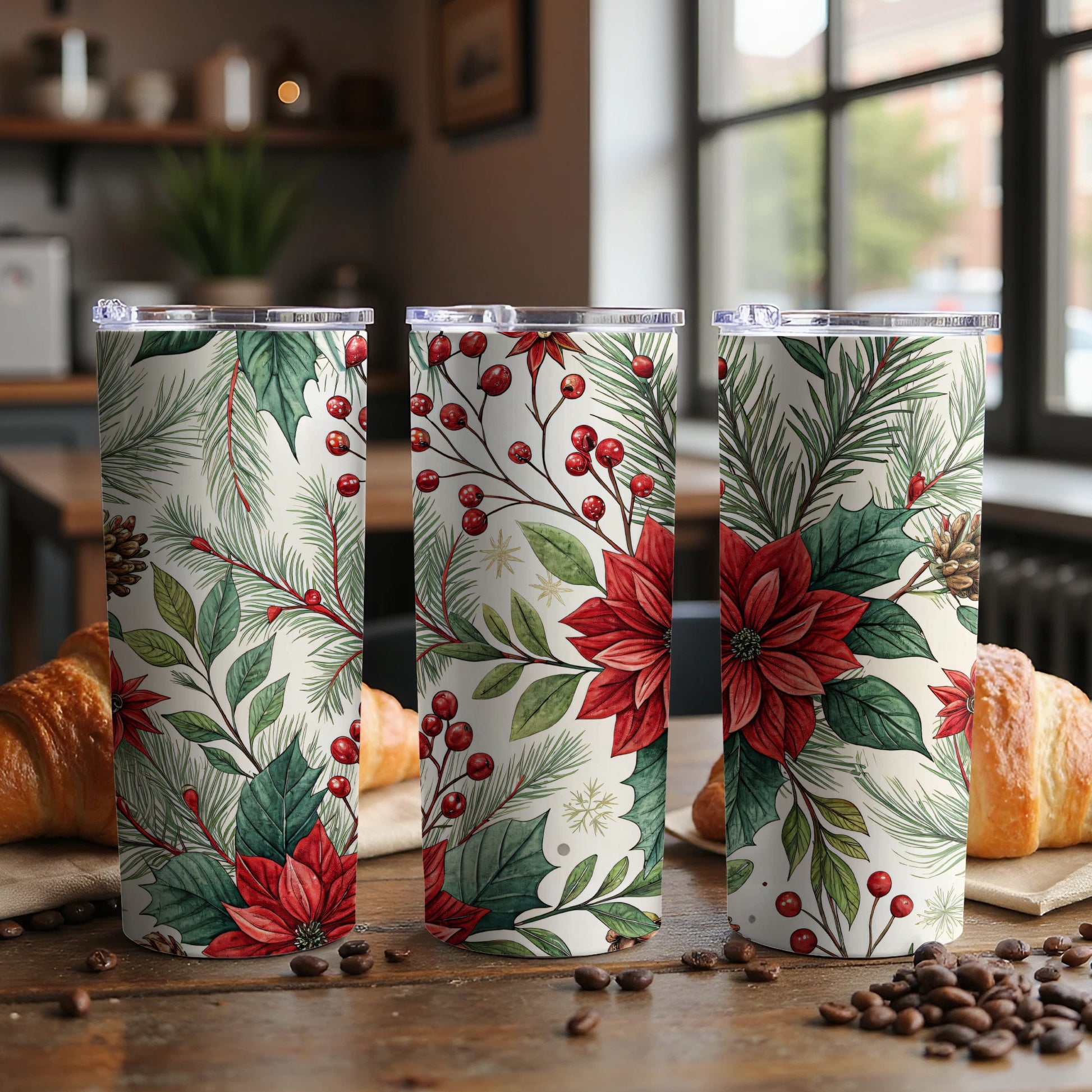 Festive Holiday Floral Design Insulated Tumbler Set