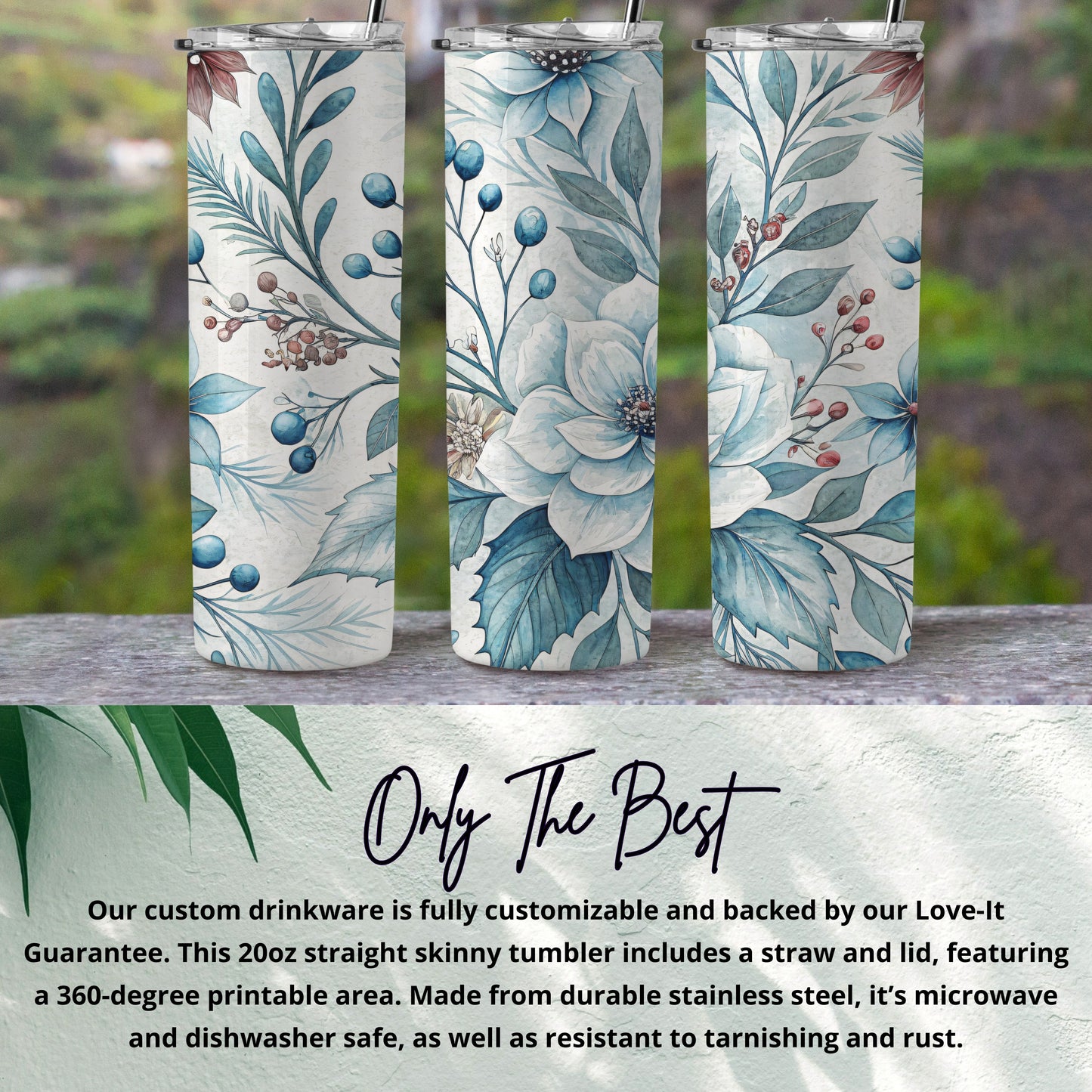 Floral Design 20oz Skinny Tumbler with Straw and Lid