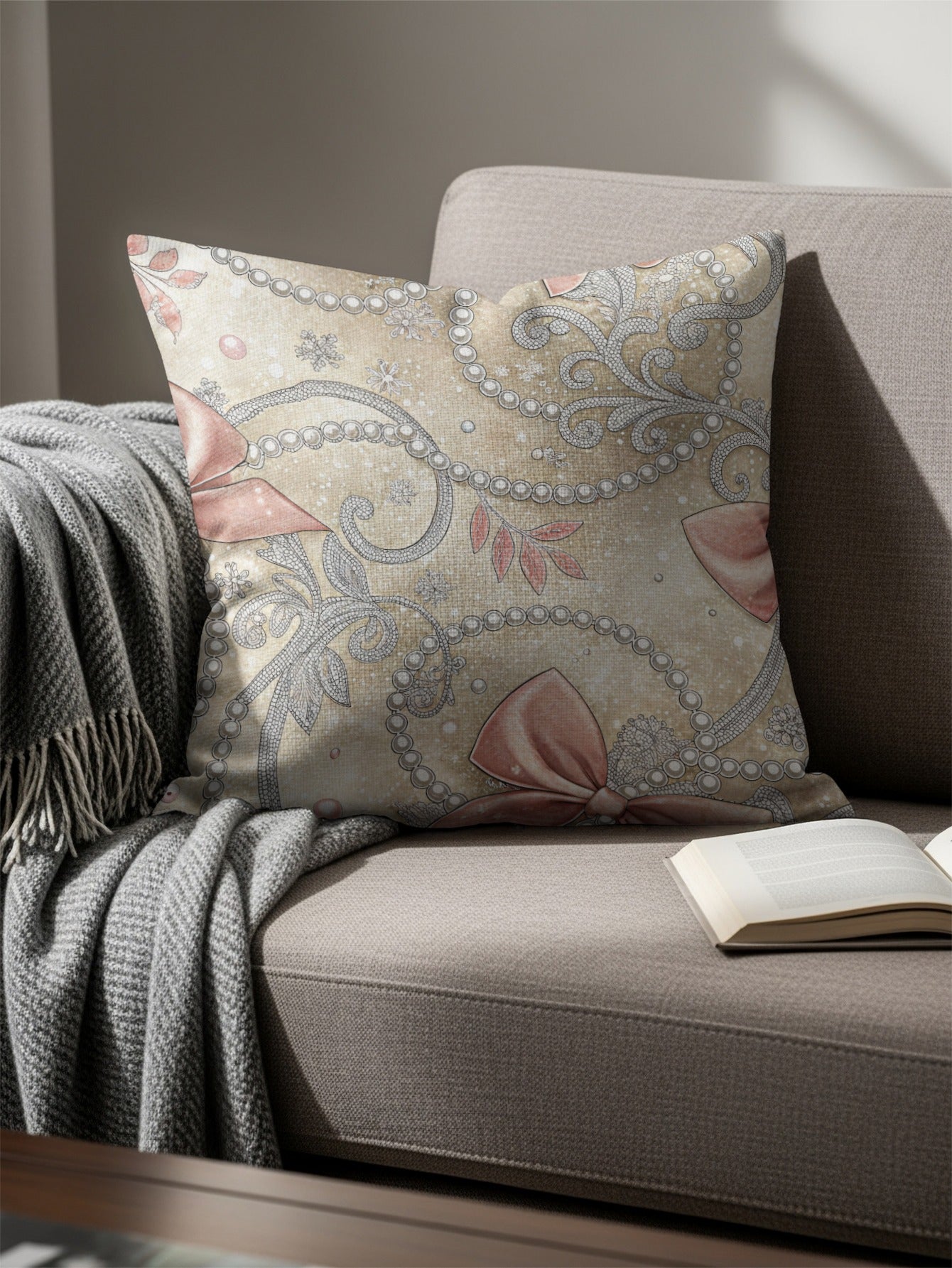 Pink Bows and Pearls Floral Swirls Pattern Design Pillows & Pillow Cases - Walk Greener