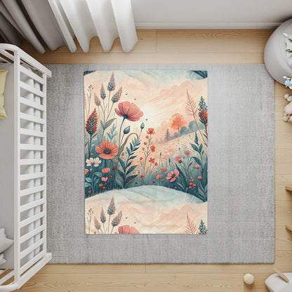 Floral Meadow in Watercolor Style Art Print Velveteen Plush Blankets - Walk Greener