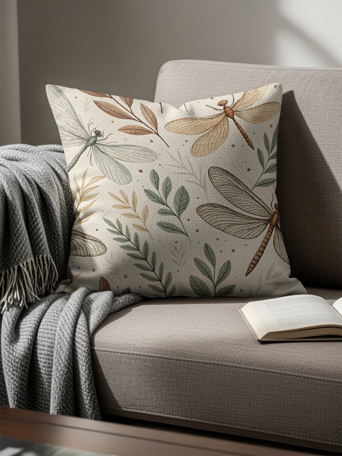 Corner detail of the dragonfly pillow highlighting the wing texture and leaf sketch pattern