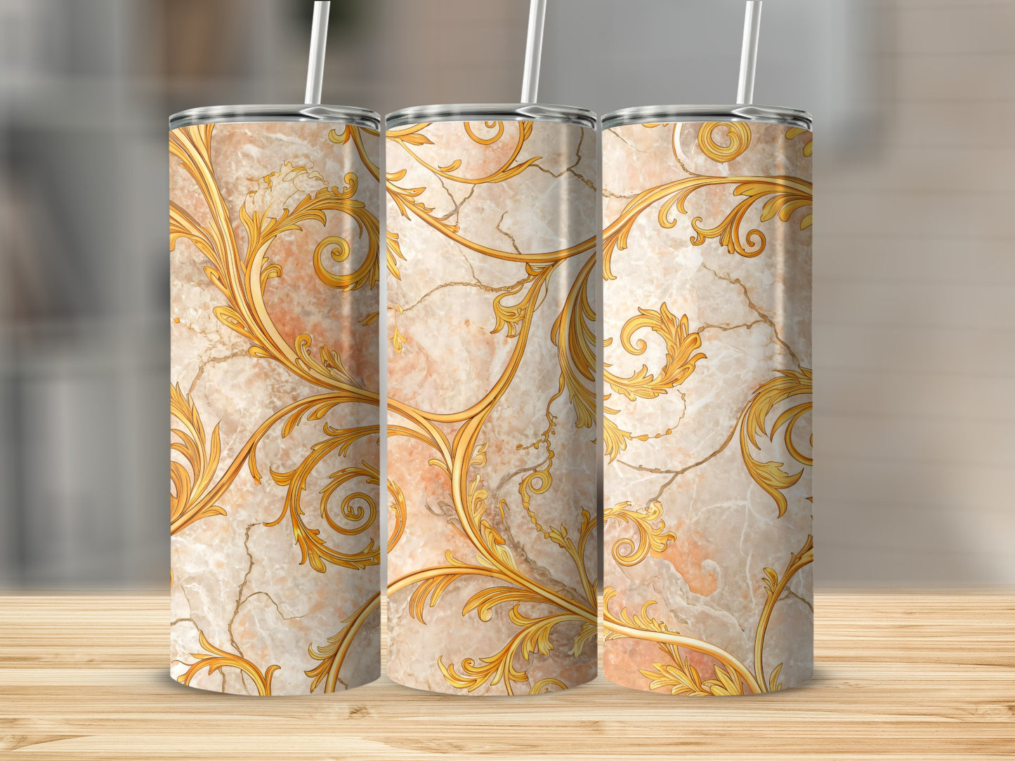 Elegant Baroque Golden Swirl Design on Marble Tumbler