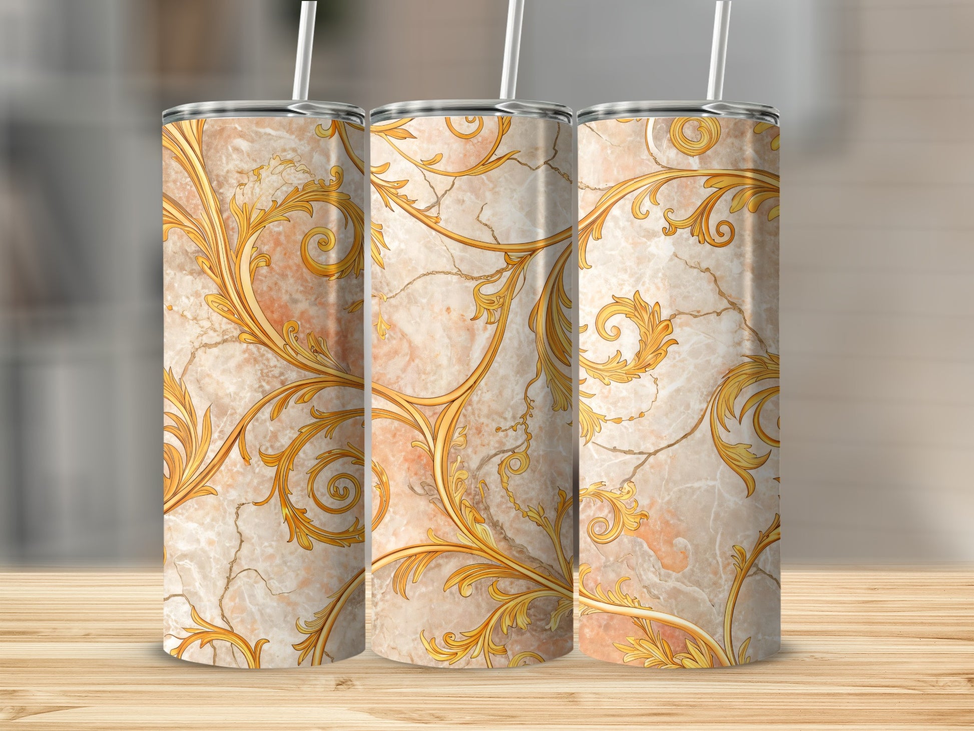 Elegant Baroque Golden Swirl Design on Marble Tumbler
