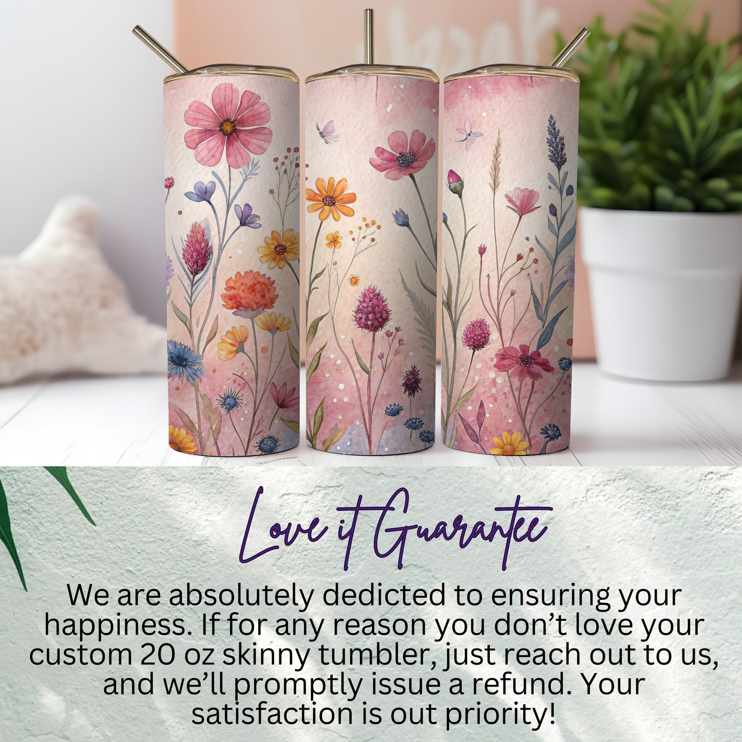 Watercolor Meadow Flowers and Butterflies 20 oz Skinny Tumbler - Walk Greener