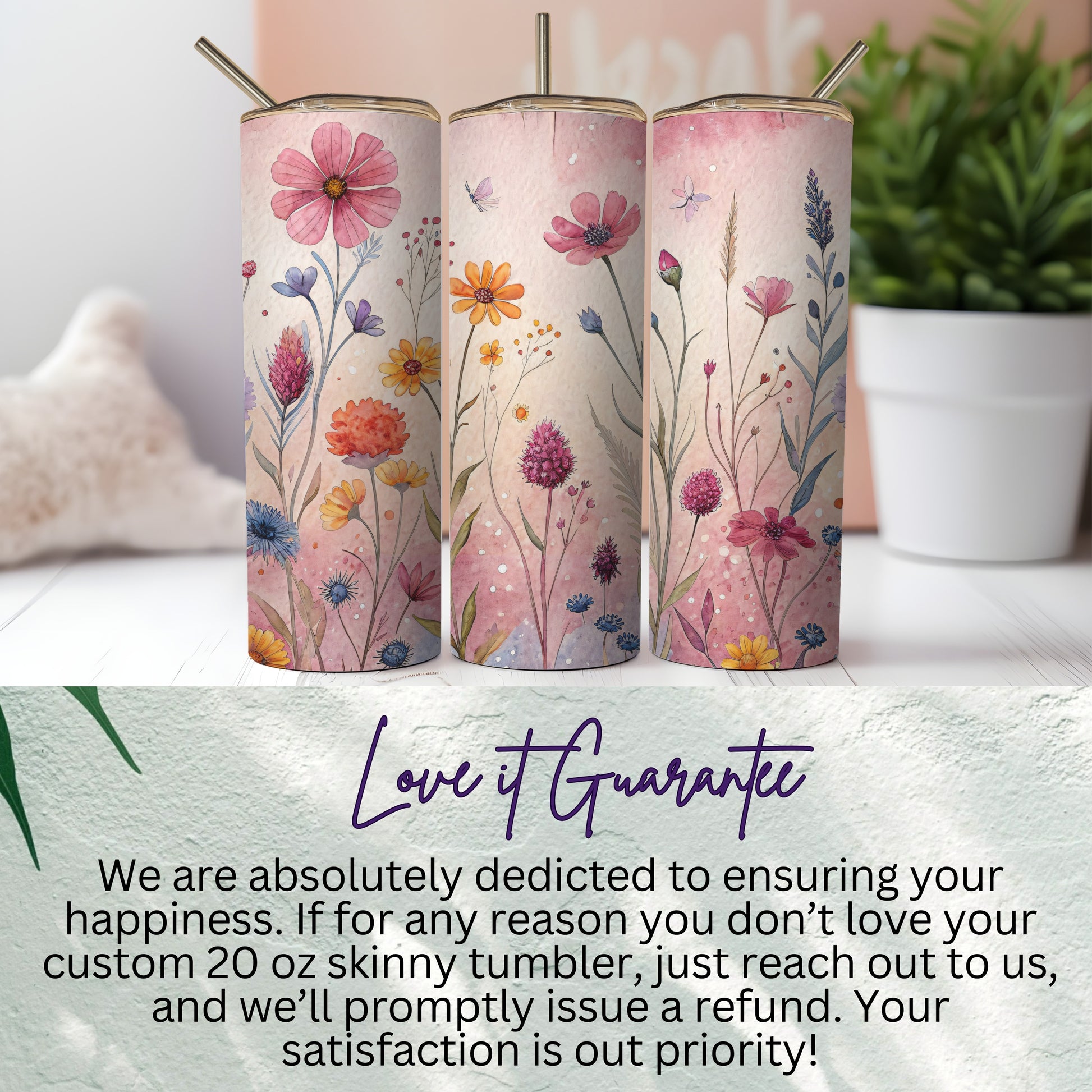 Watercolor Meadow Flowers and Butterflies 20 oz Skinny Tumbler - Walk Greener