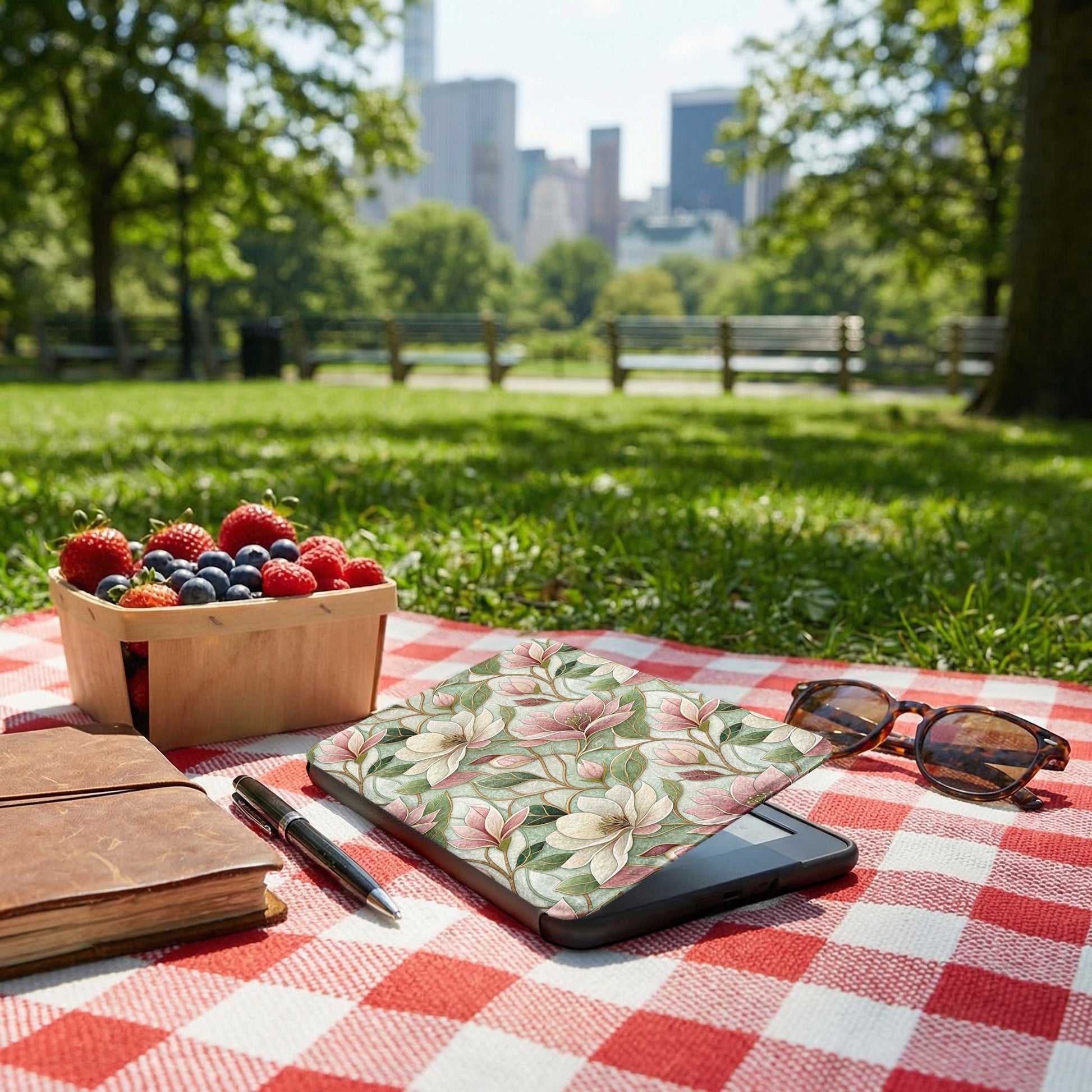 Floral Pattern Picnic Setup with Fruits and Sunglasses sleeve