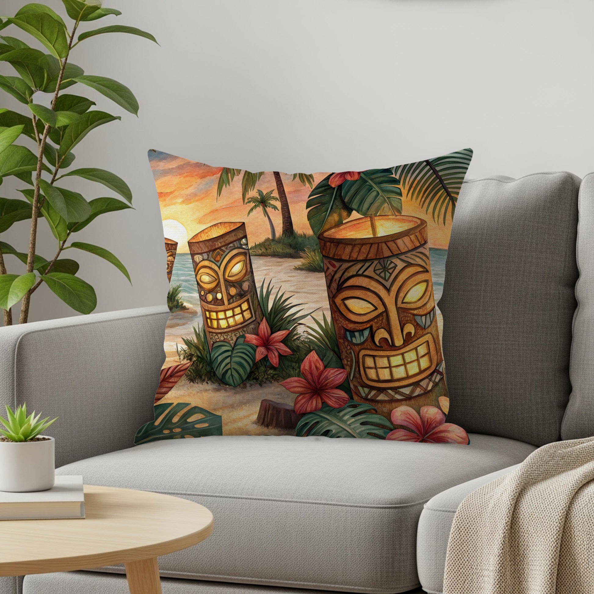 Tropical Tiki Faces at Dusk Throw Pillow Pillow