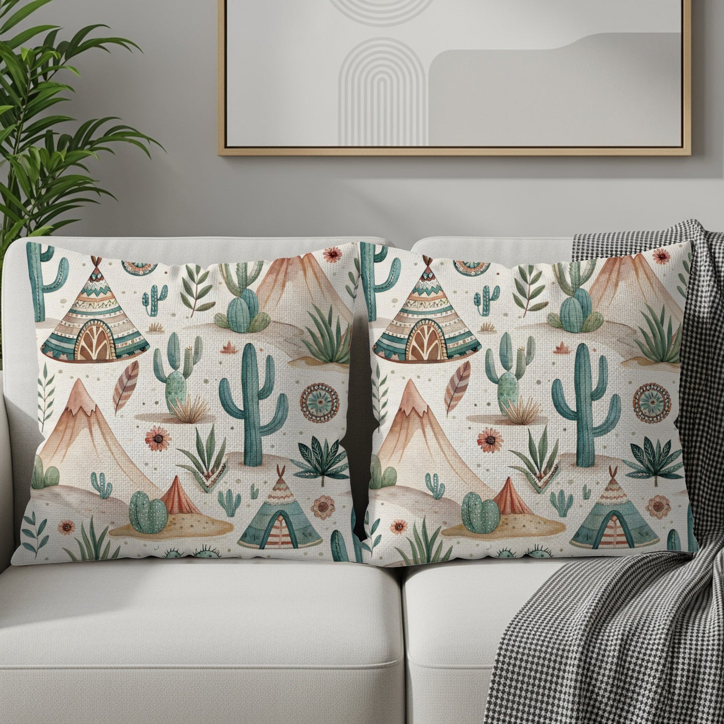 Desert Landscape with Cacti and Teepees Accent Pillow Set