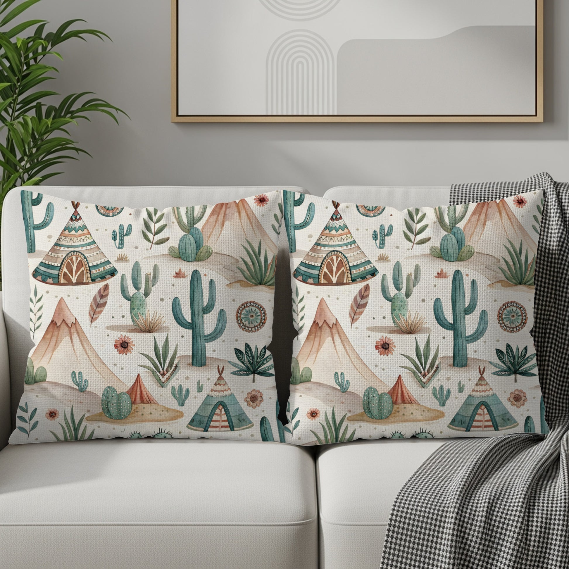 Desert Landscape with Cacti and Teepees Accent Pillow Set