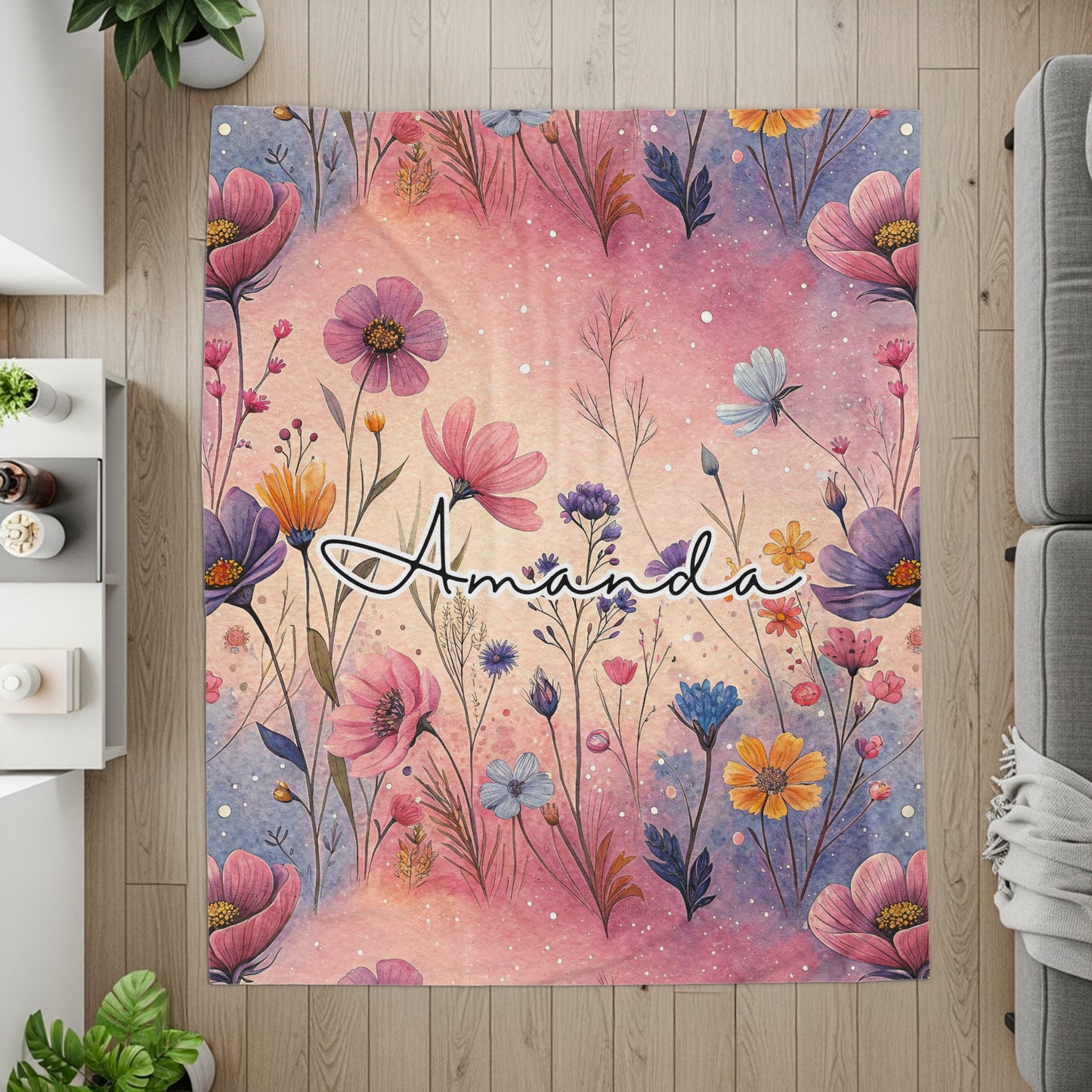 Colorful Floral Pattern Rug with Custom Name