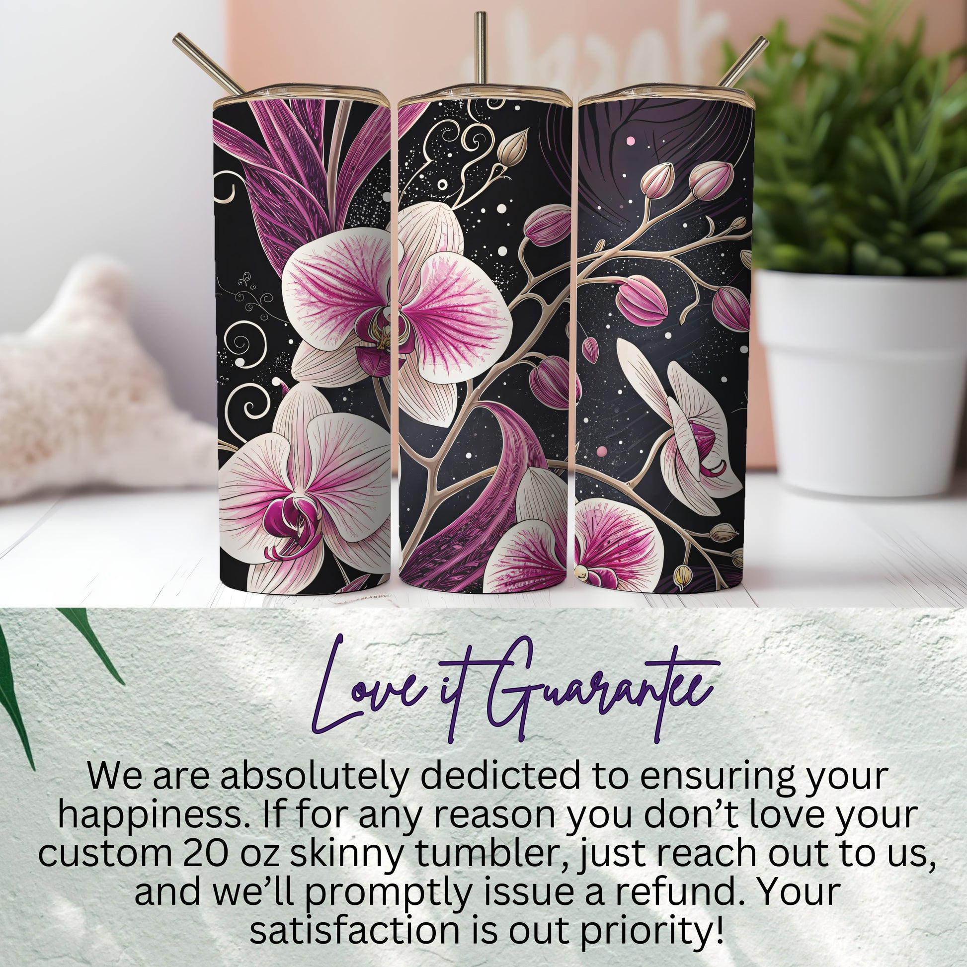 Pink Orchids On Black With Swirls Floral Art Tumblers - Walk Greener