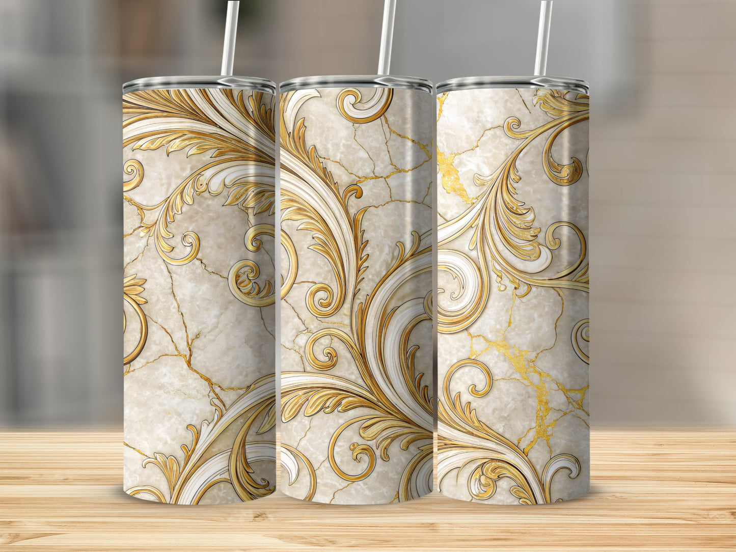 Elegant Gold and White Swirl Decorated Tumbler Product