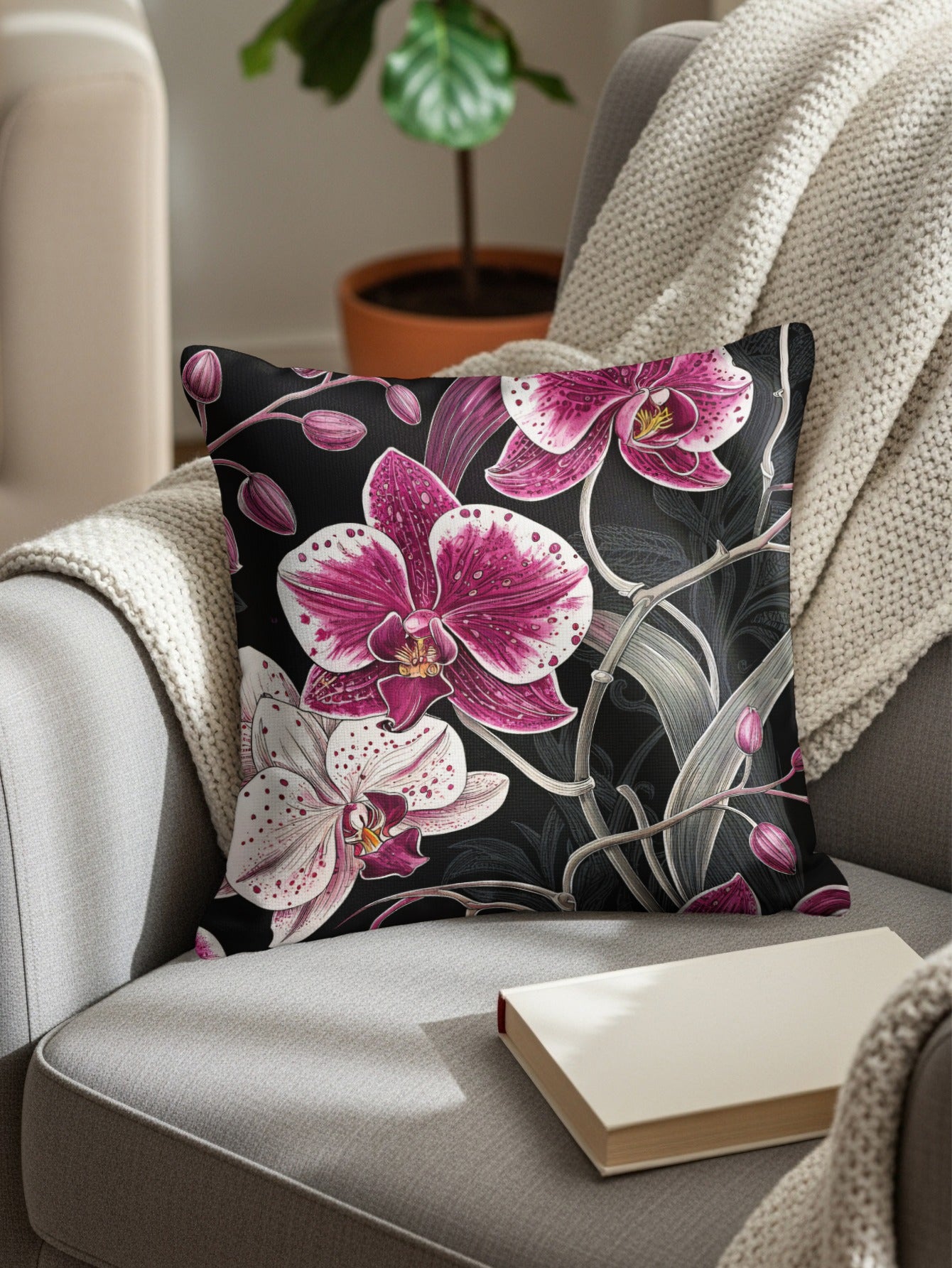 Exotic Orchids on Black Elegant Decorative Floral Throw Pillows - Walk Greener