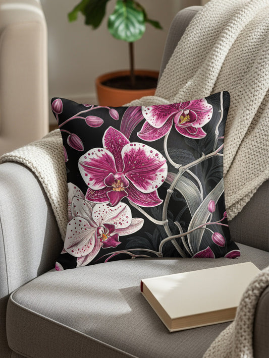 Exotic Orchids on Black Elegant Decorative Floral Throw Pillows - Walk Greener
