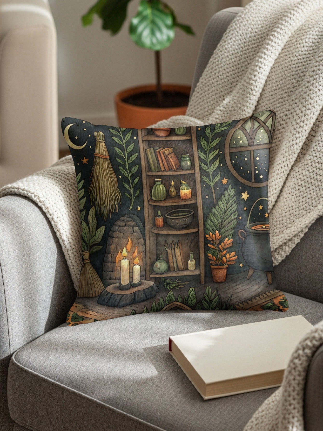 Cozy Witch Cottage with Cauldron and Candle Throw Pillows - Walk Greener