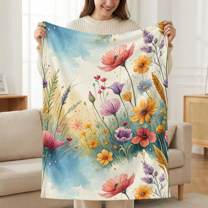Watercolor Wildflower Meadow In Bloom Dreamscape Art Velveteen Plush Blankets - Walk Greener