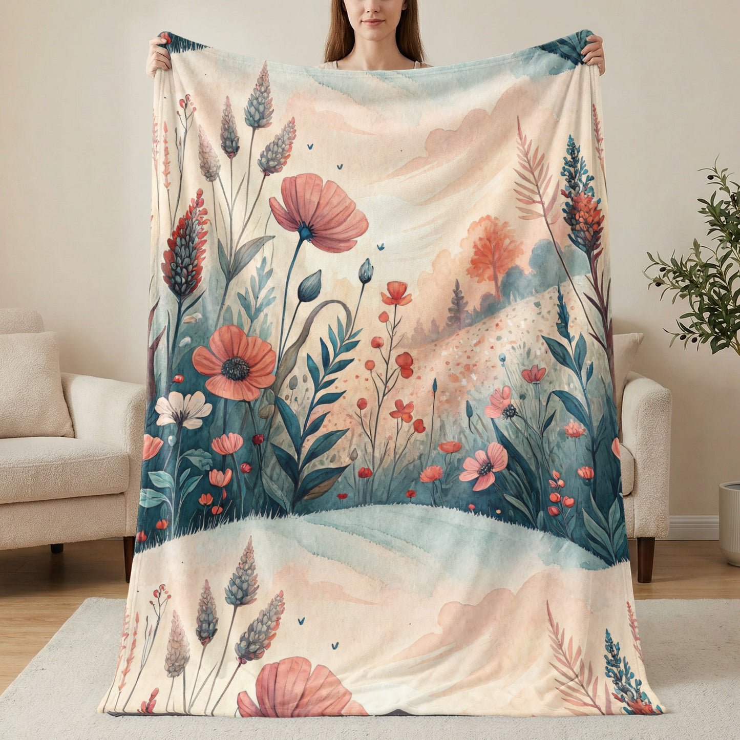 Floral Meadow in Watercolor Style Art Print Velveteen Plush Blankets - Walk Greener