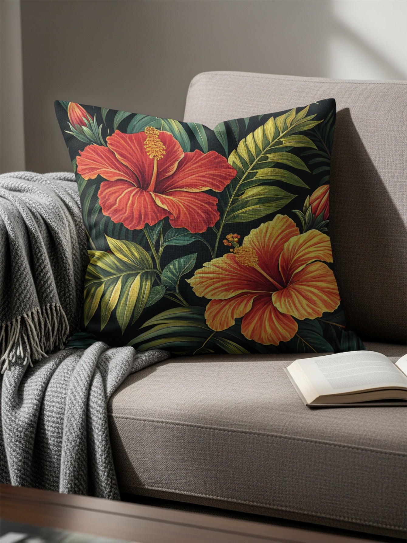 Tropical Hibiscus Flower and Palm Leaves Design Decorative Floral Throw Pillows - Walk Greener