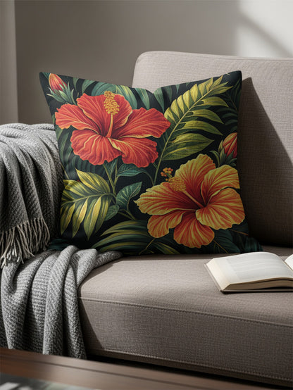 Tropical Hibiscus Flower and Palm Leaves Design Decorative Floral Throw Pillows - Walk Greener